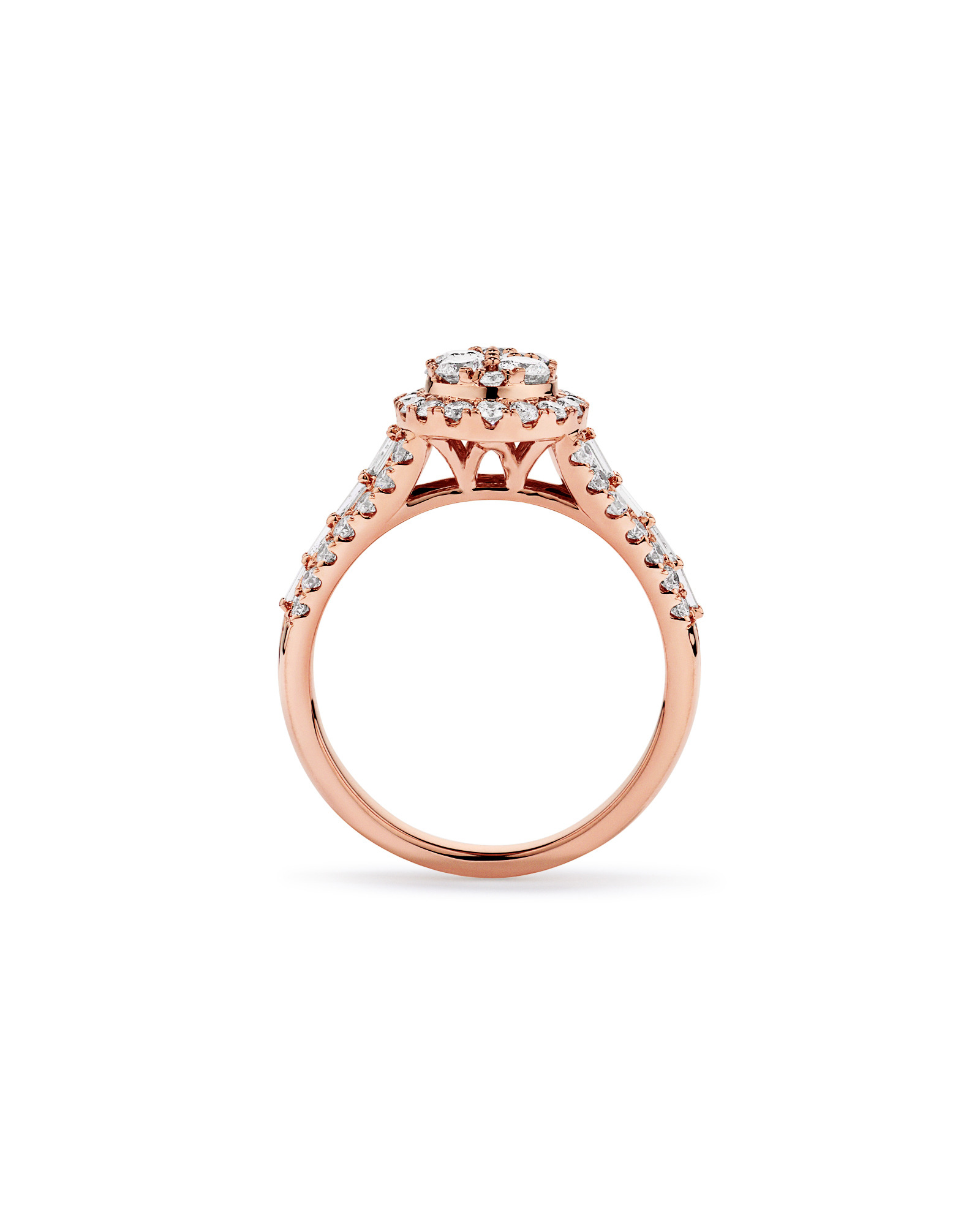 Bague en or rose 14 carats sertie de diamants ronds brillants et baguettes, pour un total 1,25 carat.