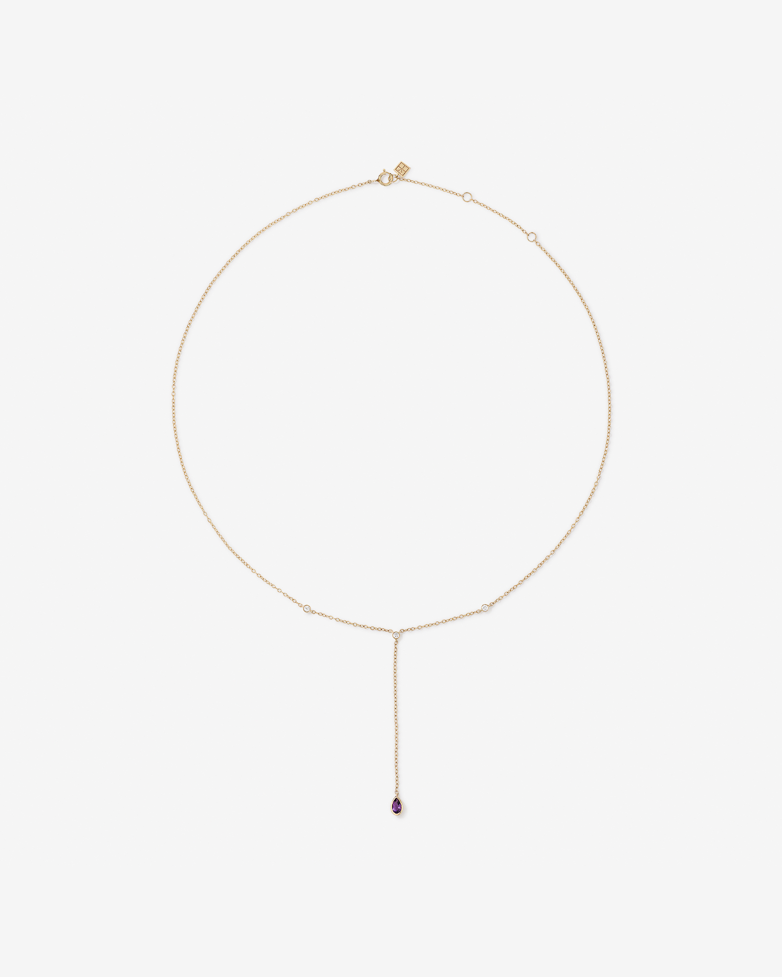 Pear Cut Purple Amethyst Gemstone and Diamond Lariat Necklace in 10kt Yellow Gold