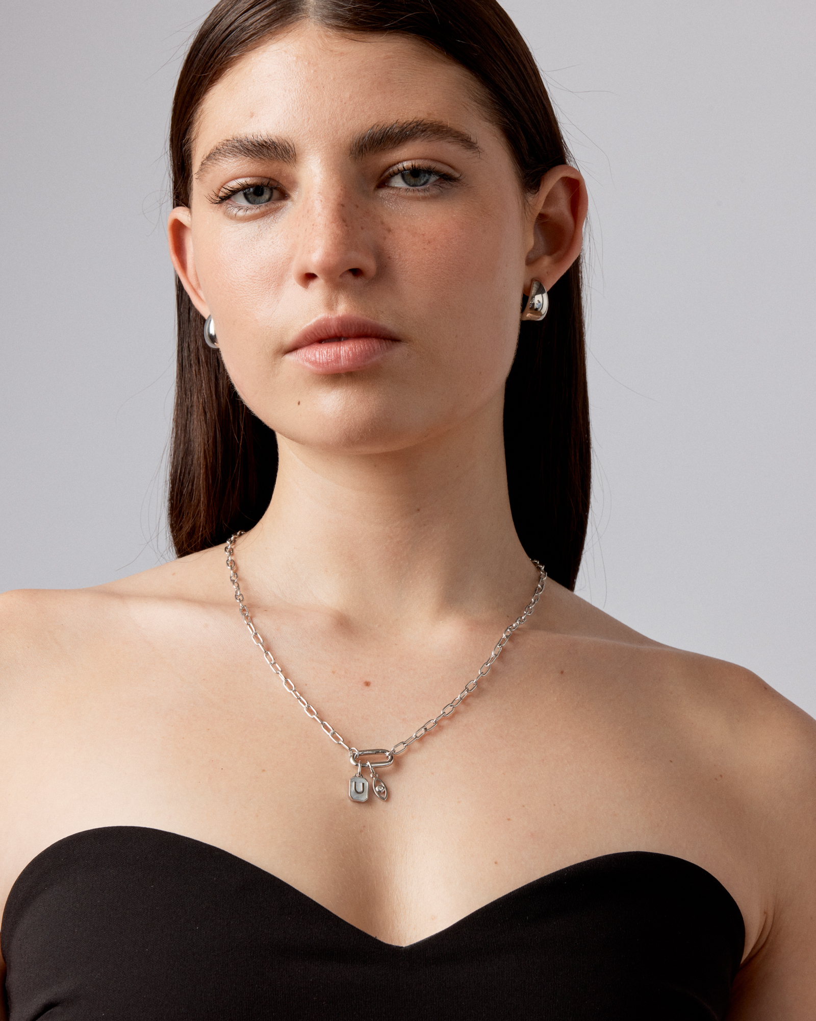 Letter U Mother of Pearl Initial Pendant in Sterling Silver