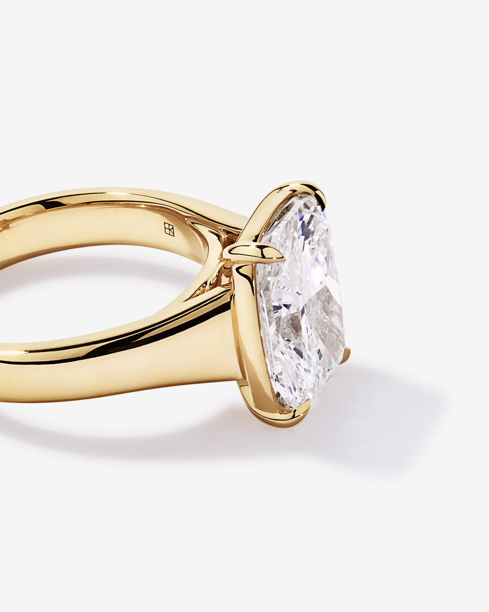 5.00 Carat Laboratory-Grown Elongated Cushion Diamond Solitaire Four Claw with Low Set Bezel Engagement Ring 14kt Yellow Gold