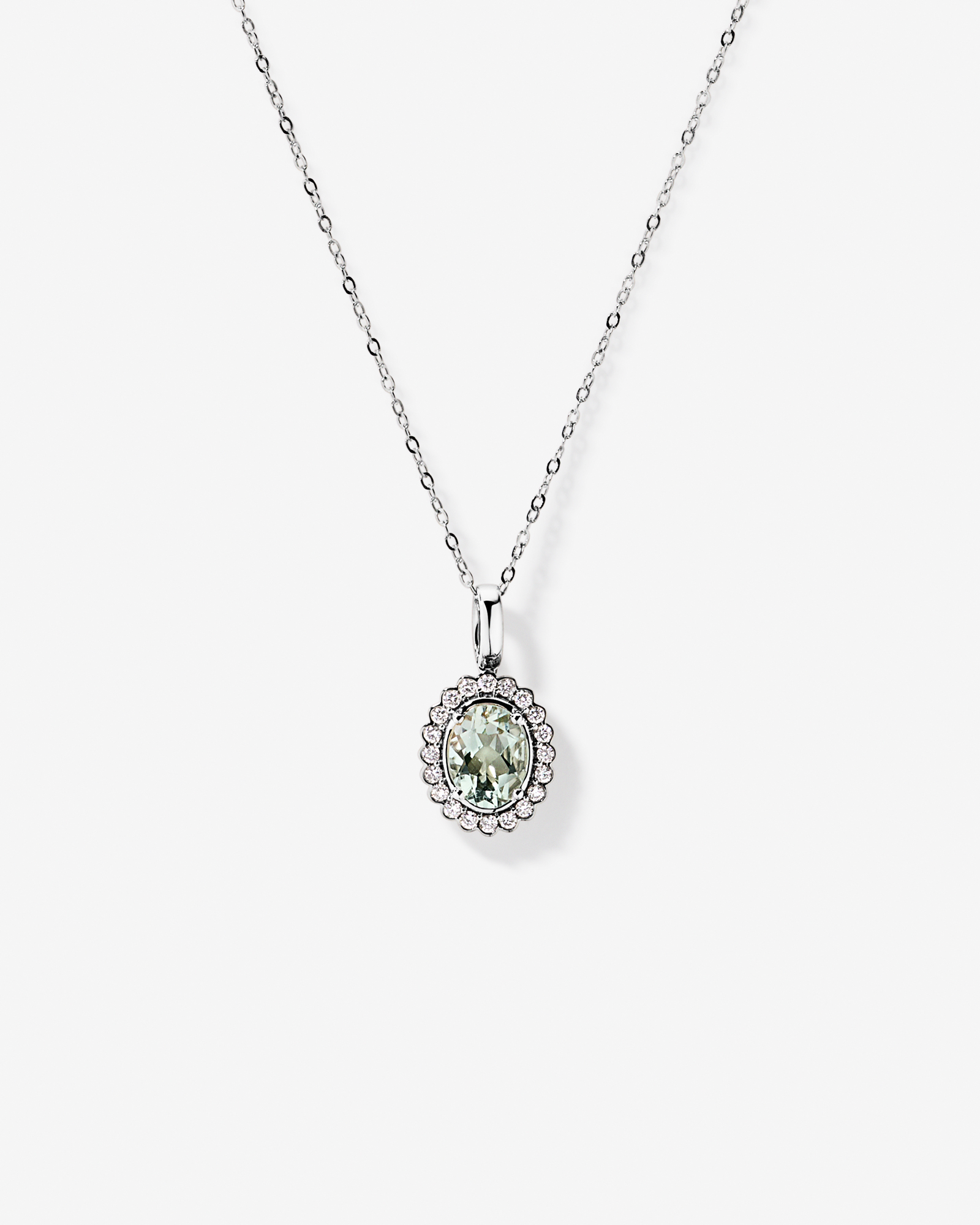 Green Amethyst & 0.20TW of Diamond Halo Pendant with Chain in 10kt Gold