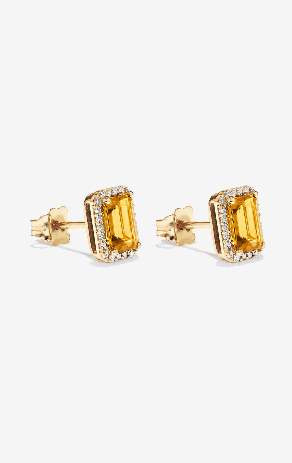 Boucles d'oreilles en or jaune 10 carats avec citrine taille émeraude et halo de diamants
