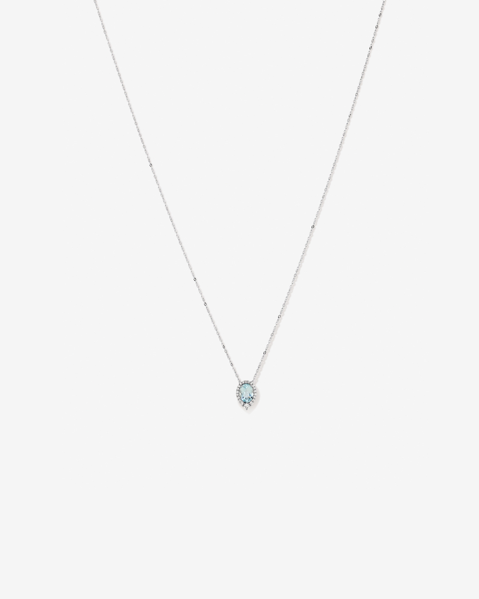 Collier Pendentif Halo Avec Pierre Précieuse Aigue-Marine Bleue Taille Ovale Et 0,19 Carat Pt De Diamants En Or Blanc 10 Ct