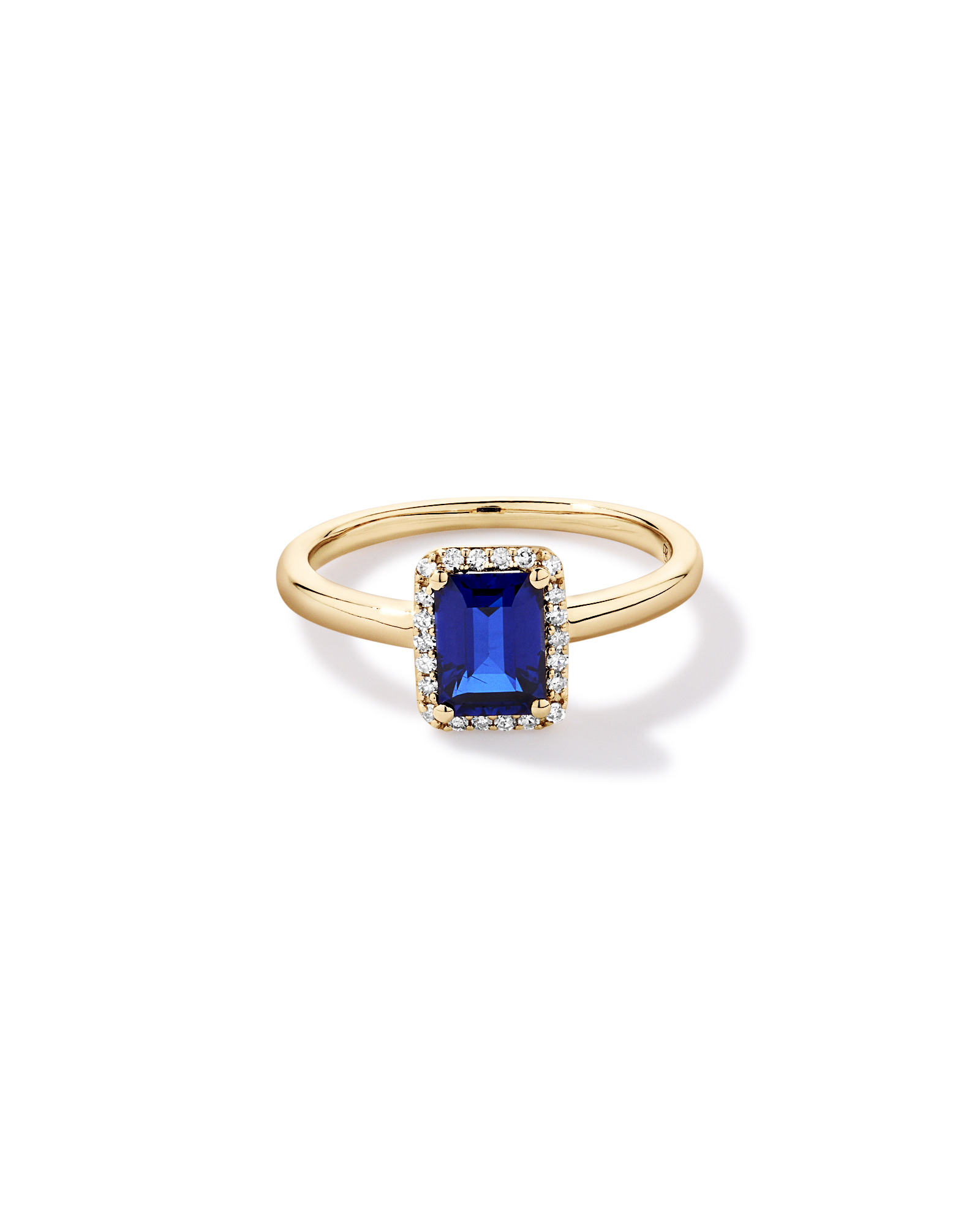 Emerald Cut Created Sapphire and Diamond Halo Ring 10kt Yellow Gold