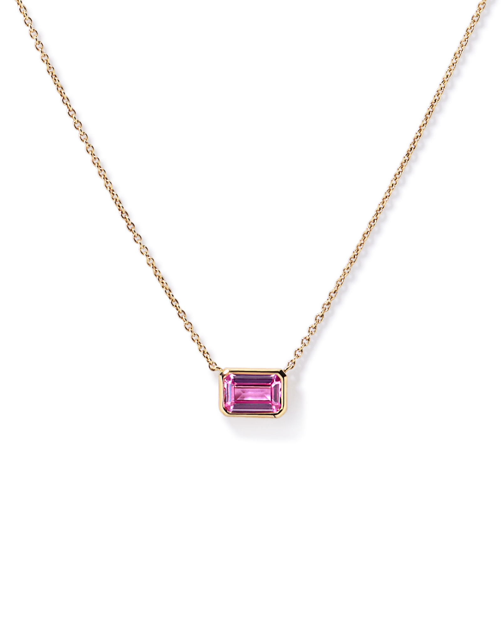 Emerald Cut Pink Created Sapphire East-to-West Set Bezel Necklace with Chain in 10kt Gold