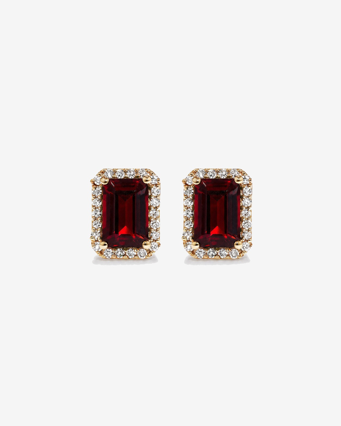 Boucles d'oreilles halo Grenat taille émeraude avec diamants en or jaune 10 ct
