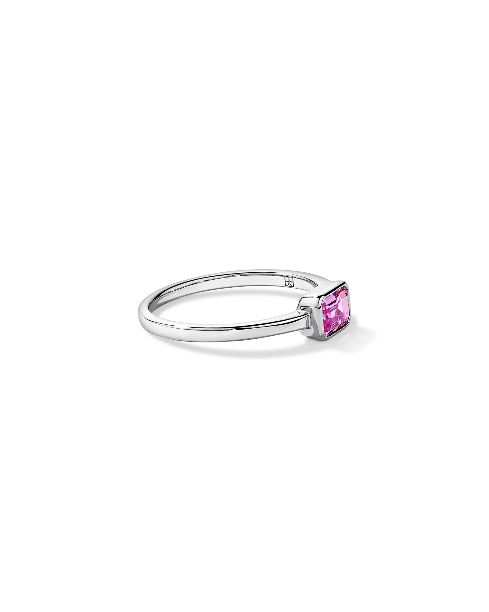 Emerald Cut Pink Created Sapphire East-to-West Set Bezel Ring 10kt Gold