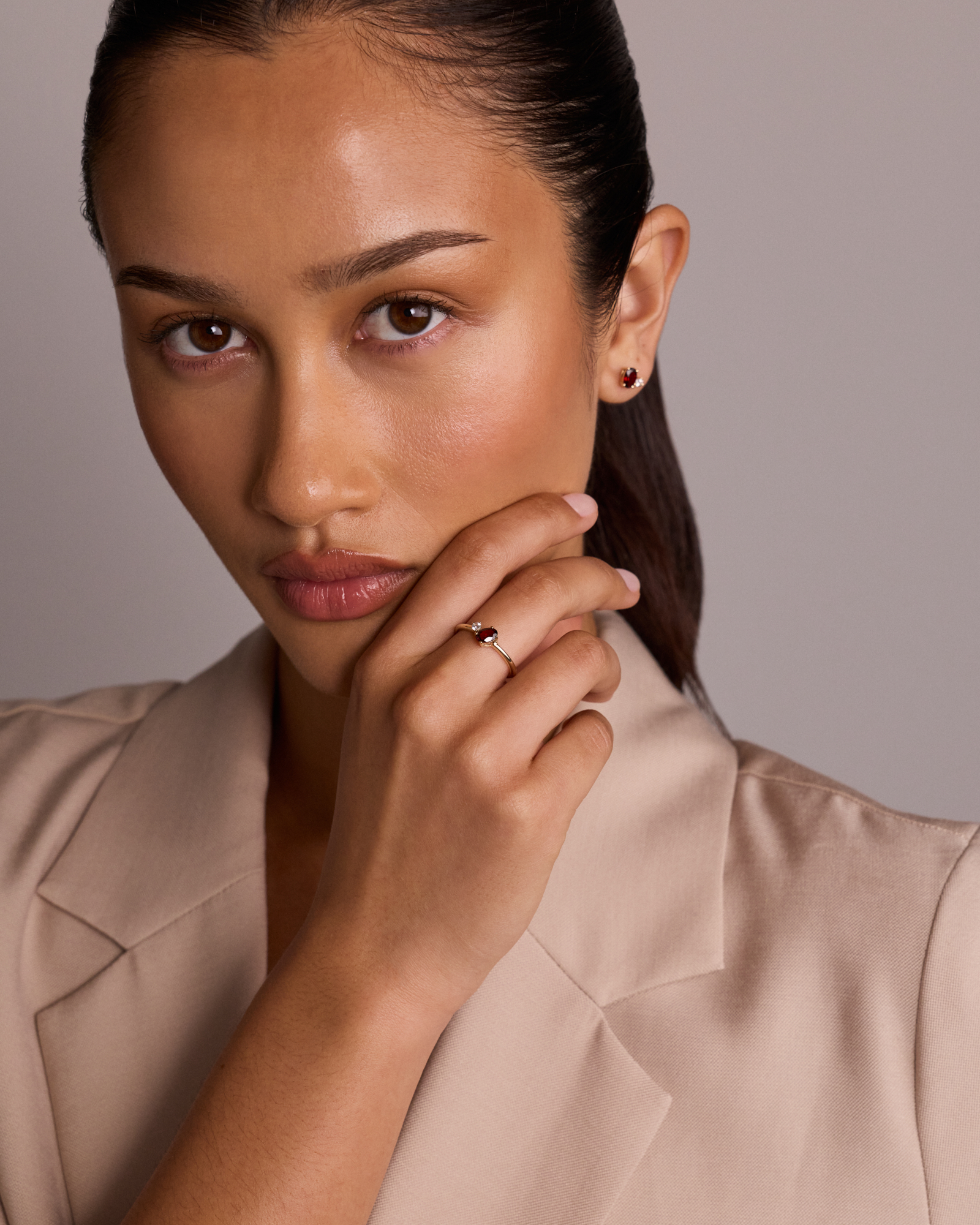 White Sapphire and Oval-Cut Garnet Toi Et Moi Ring in 10kt Yellow Gold