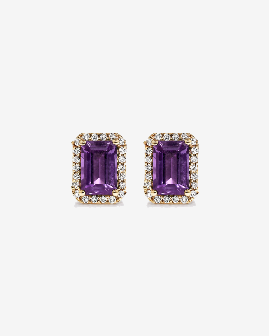 Emerald Cut Amethyst and Diamond Halo Earrings in 10kt Yellow Gold