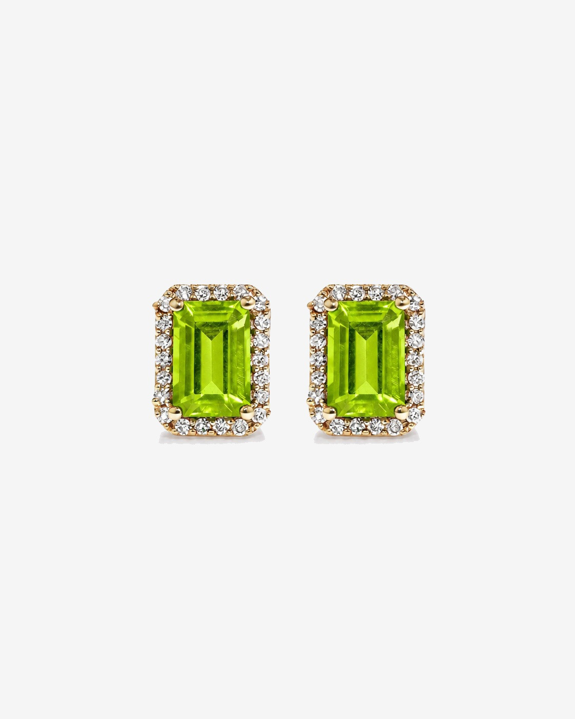 Boucles d'oreilles halo Péridot taille émeraude avec diamants en or jaune 10 ct