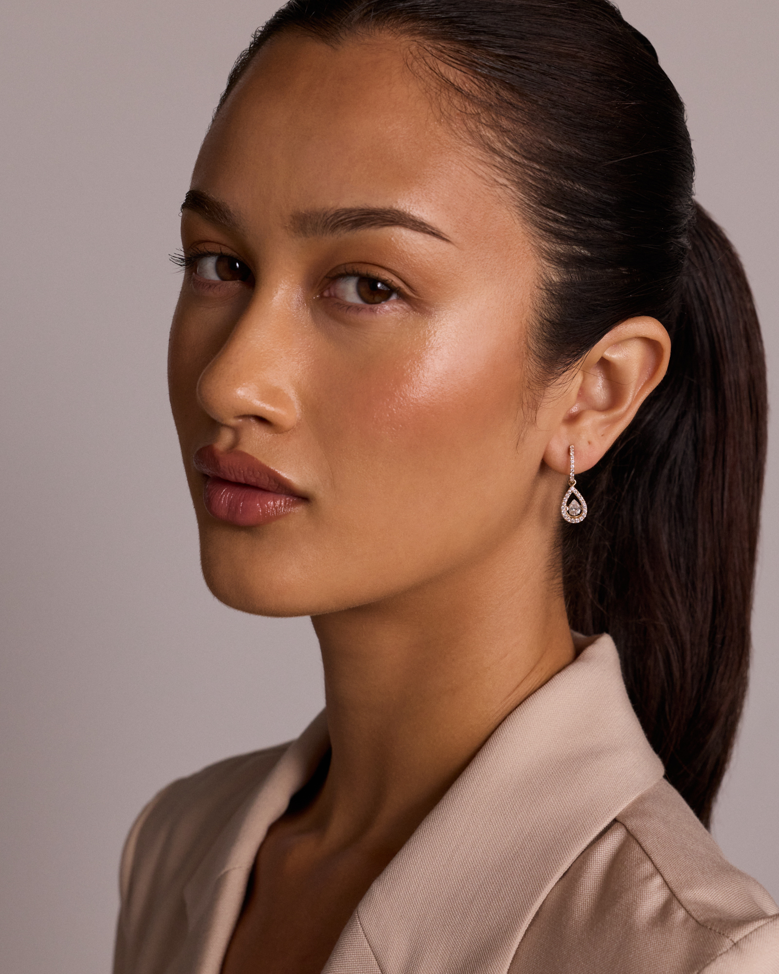 Lume Lab Huggie Earrings with 1.00 Carat TW Pear & Round Brilliant Laboratory-Grown Diamonds in 10kt Yellow Gold