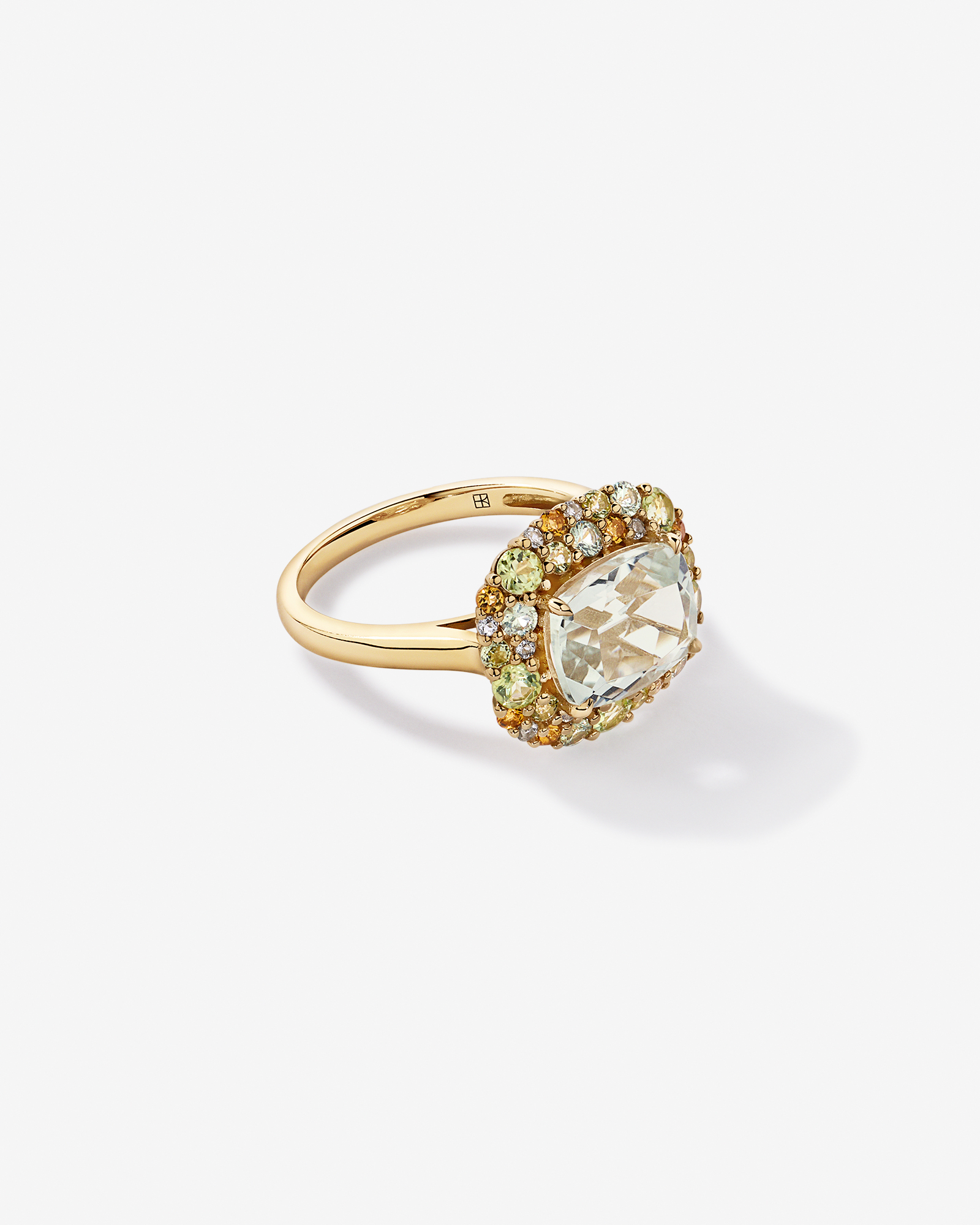 Green Amethyst, Peridot, Citrine & White Topaz Halo Ring 10kt Yellow Gold
