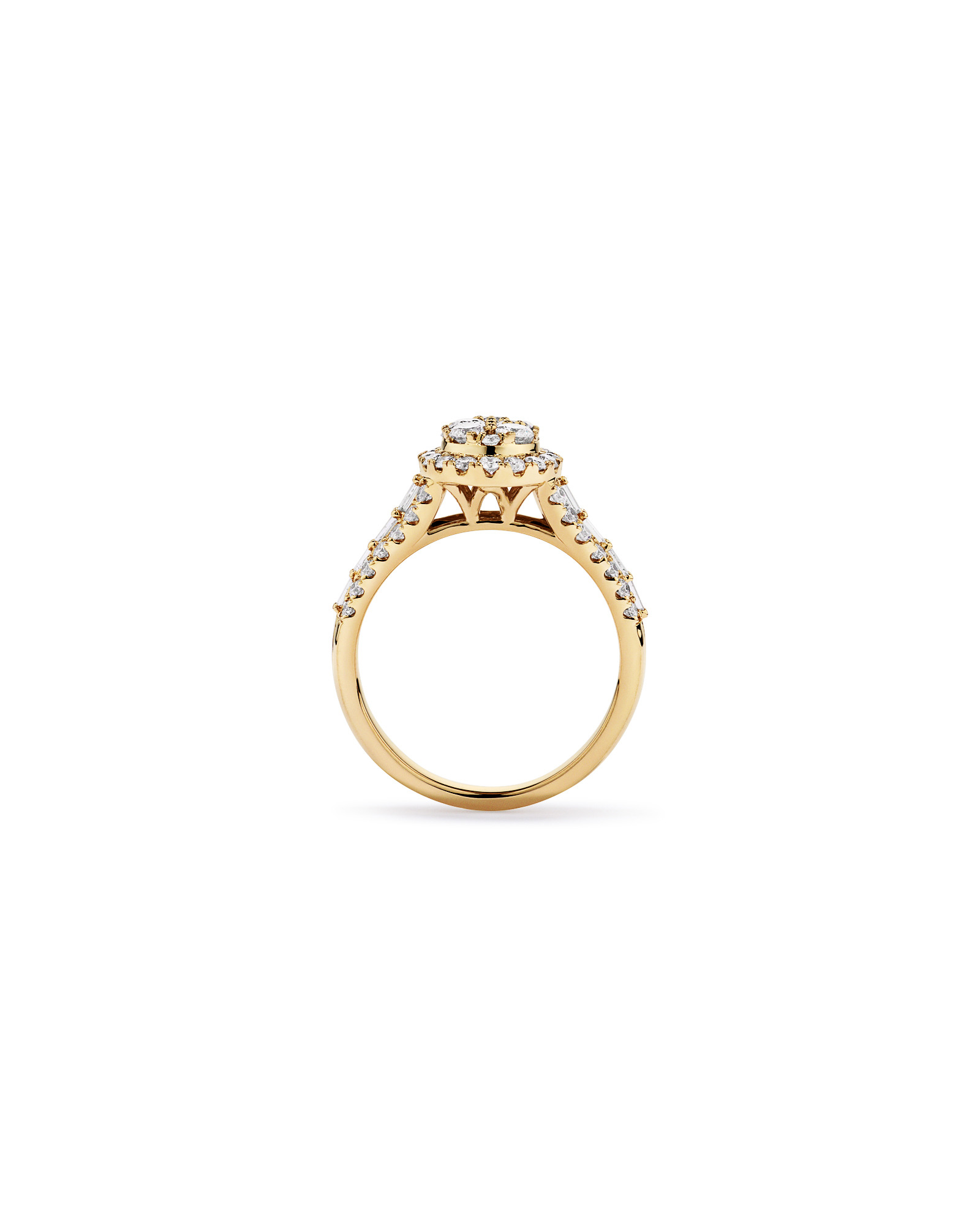 Bague en or jaune 14 carats sertie de diamants ronds brillants et baguettes (1,25 carat au total