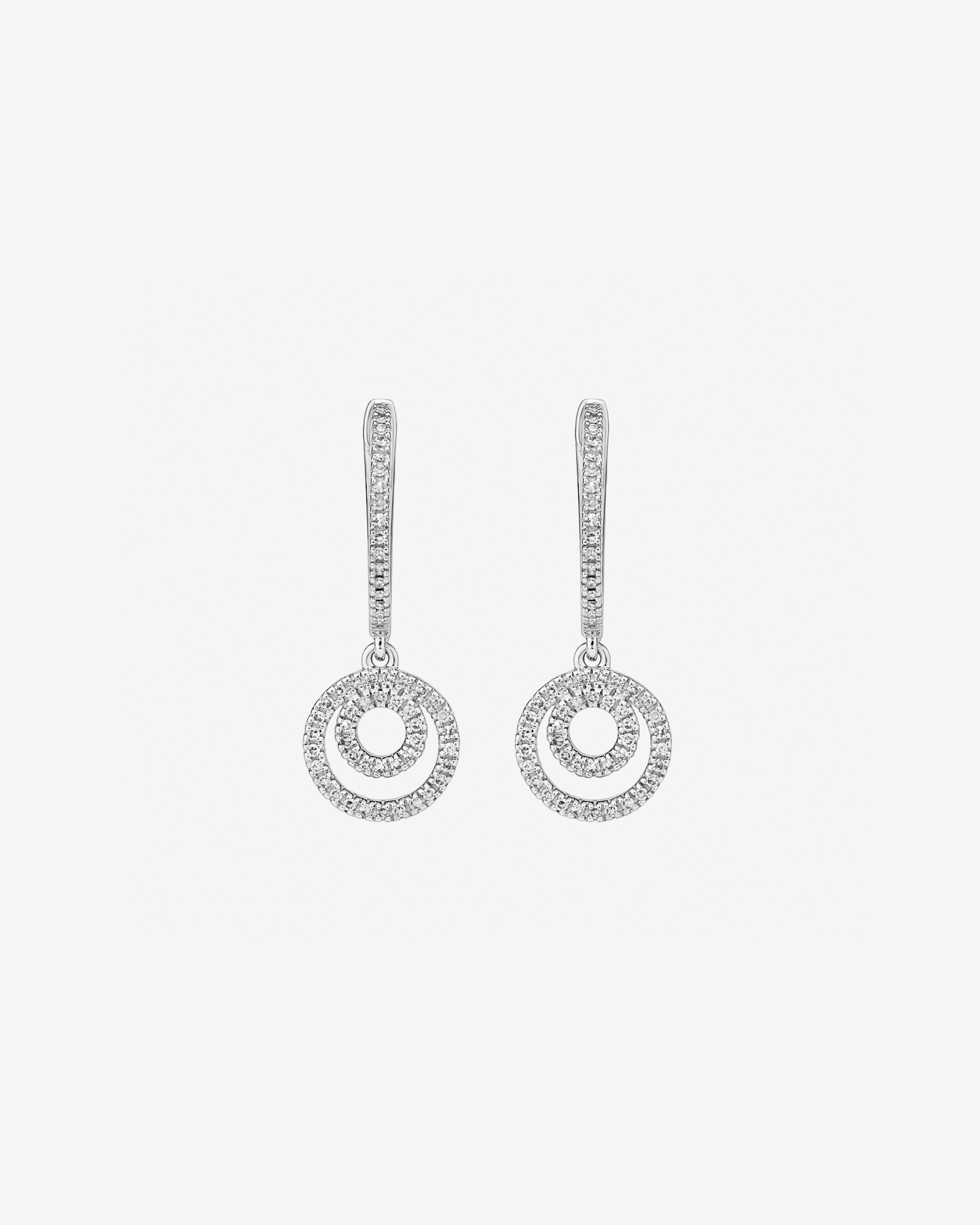 Fine Double Circle Diamond Drop Huggie Earrings in Sterling Silver