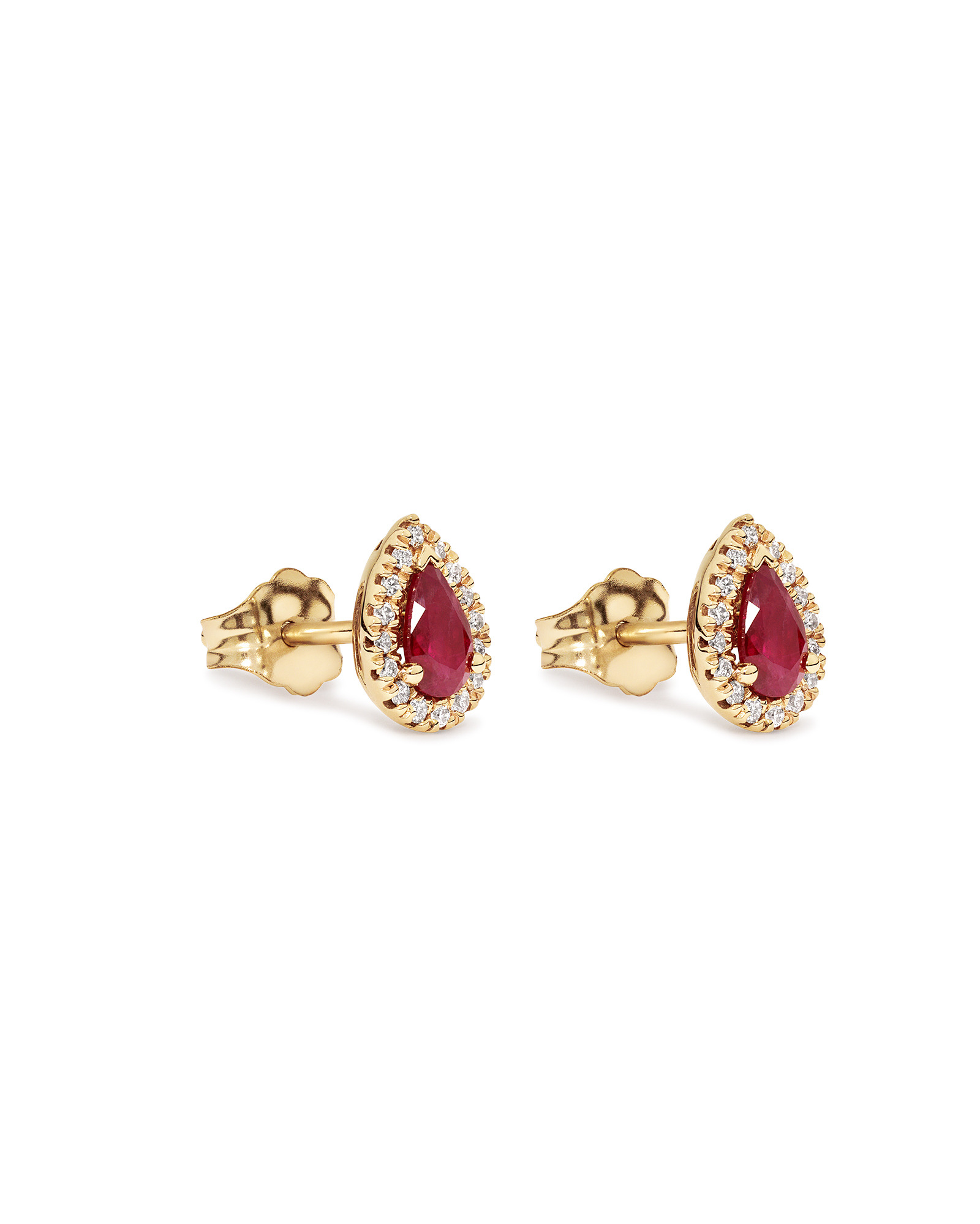 Boucles d'Oreilles Clous Halo en Pierre Précieuse Rubis Rouge Taille Poire et 0,09 Carat TW Diamant en Or Jaune 10 kt