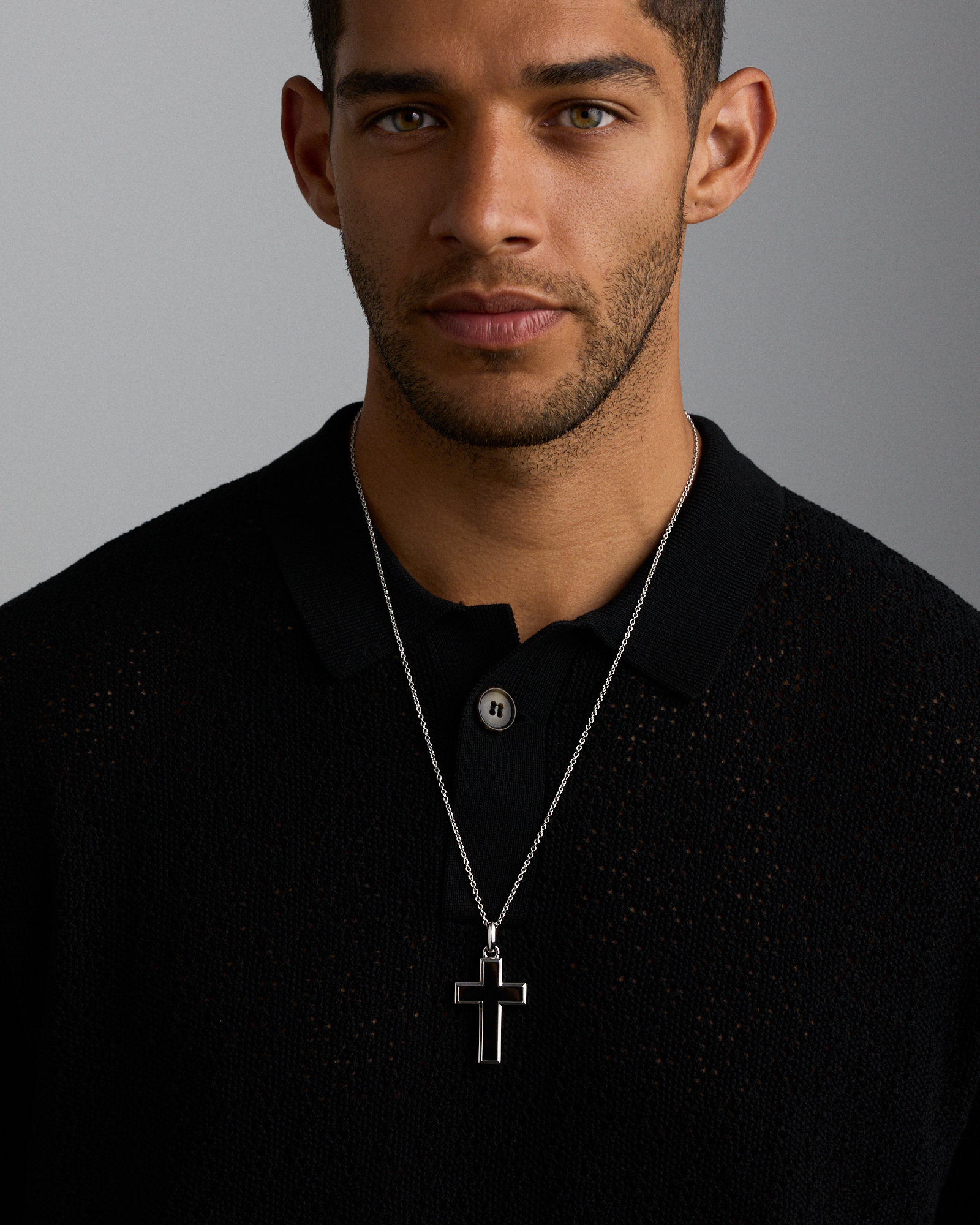 Onyx Cross Pendant in Silver with 65cm Cable Chain