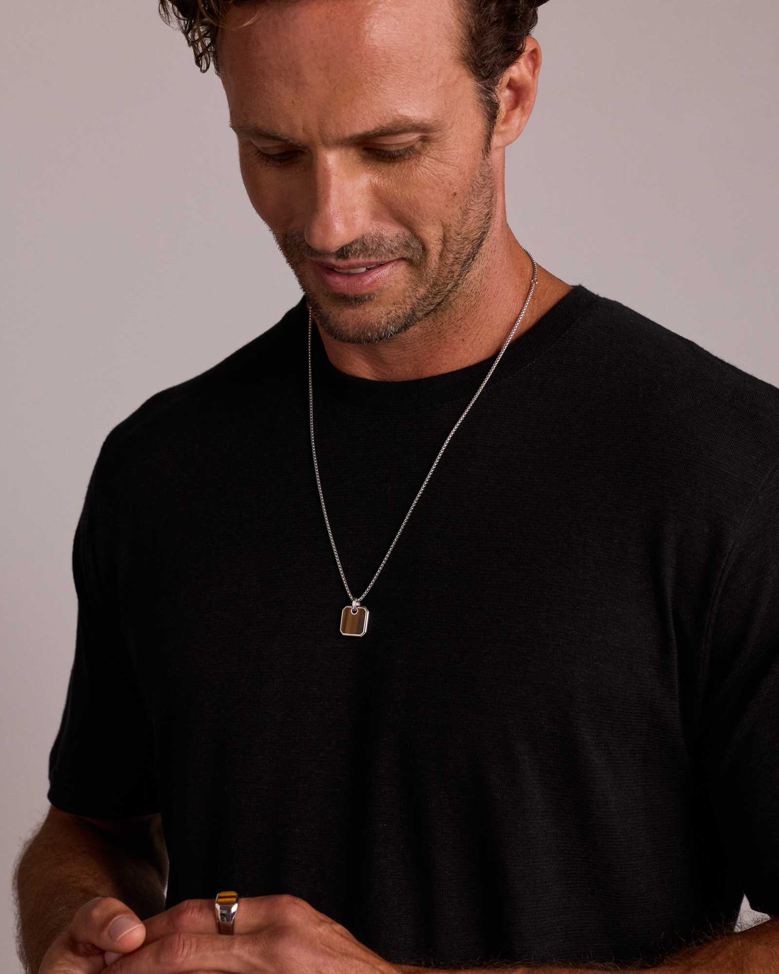 Collier avec Pendentif Carré en Œil-de-Tigre en Argent Sterling