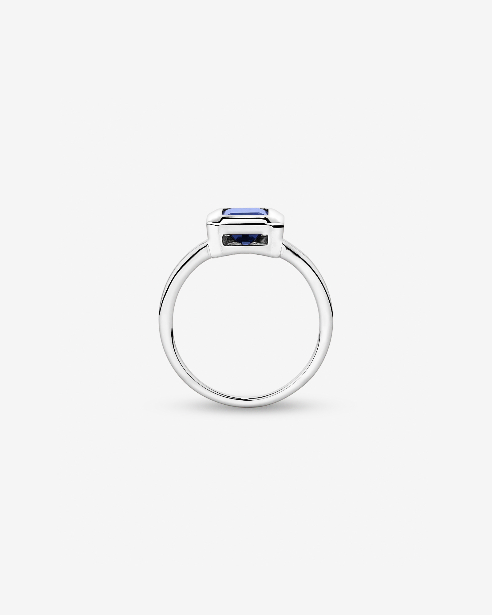 Emerald Cut Created Sapphire Bezel Ring 10kt White Gold