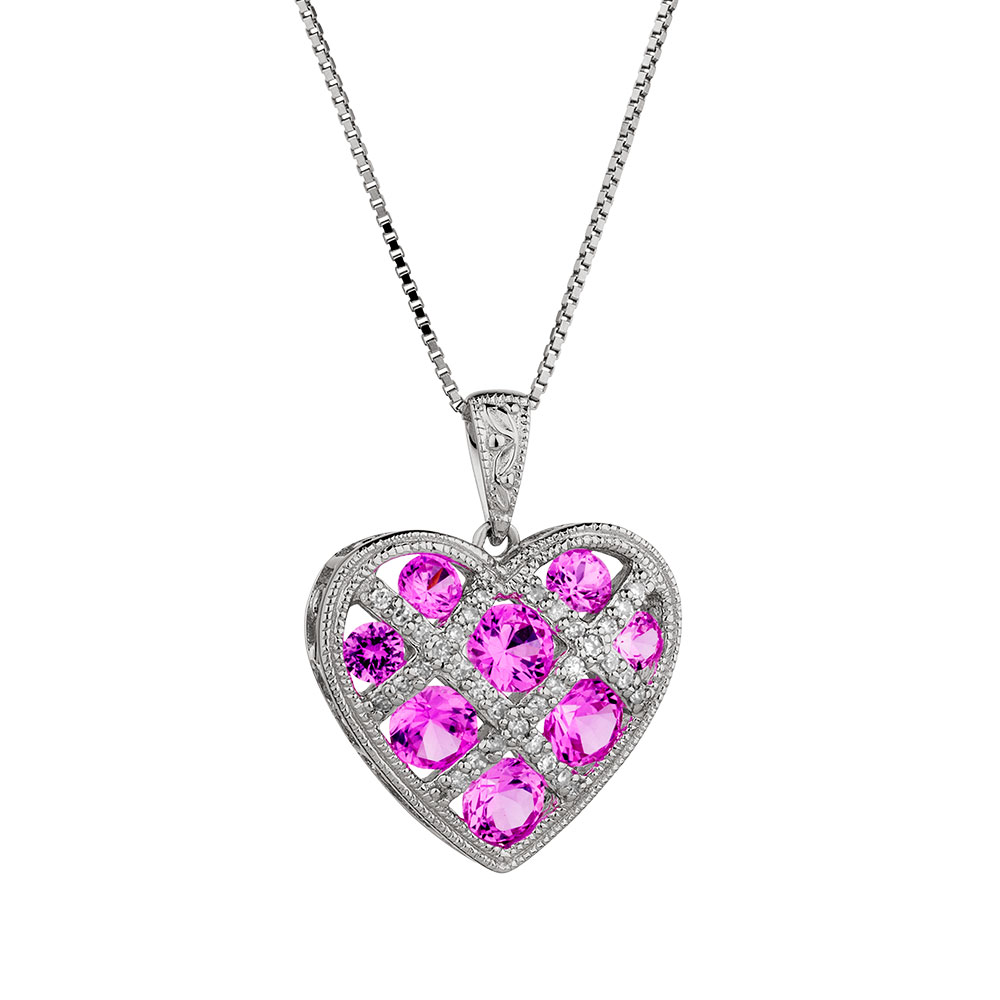 Pendant with Created Pink Sapphire & Diamonds in Sterling Silver