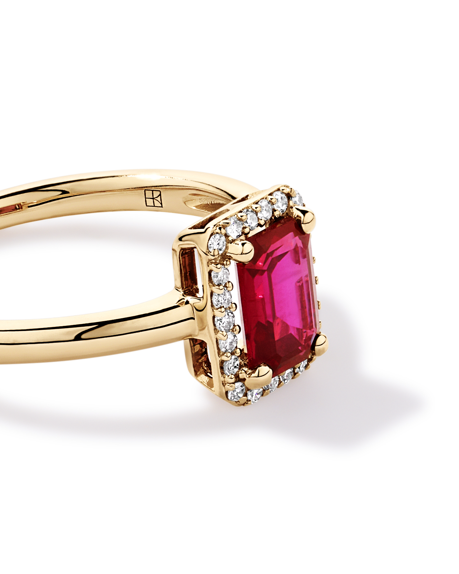 Emerald Cut Created Ruby and Diamond Halo Ring 10kt Yellow Gold