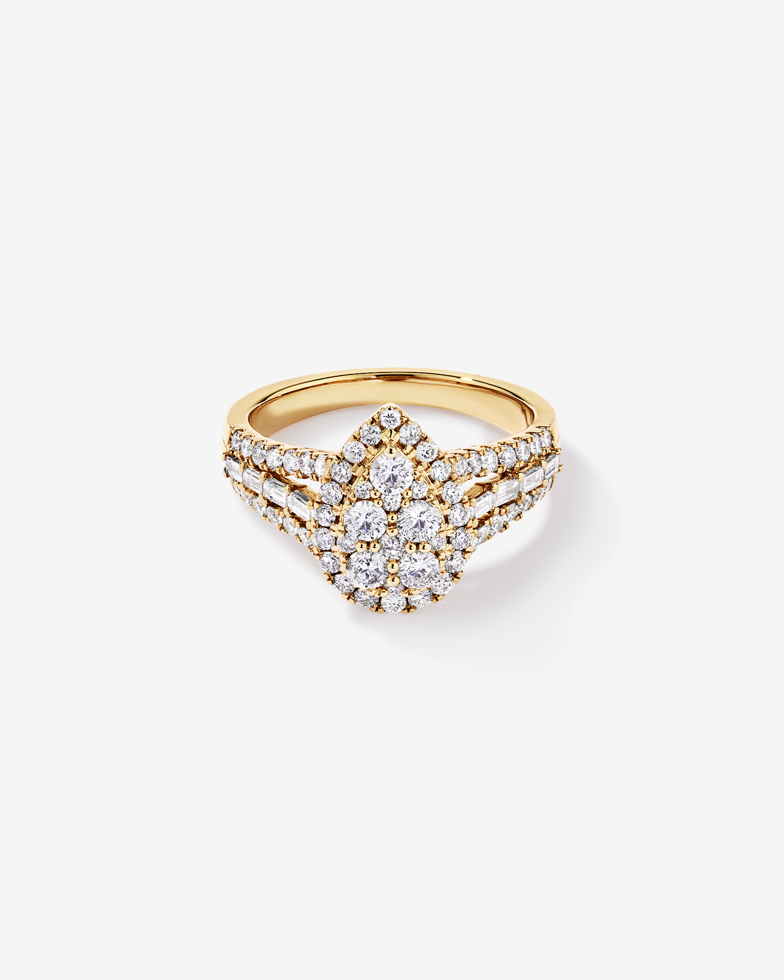 1.25 Carat TW Round Brilliant and Baguette Cluster Diamond Ring 14kt Yellow Gold