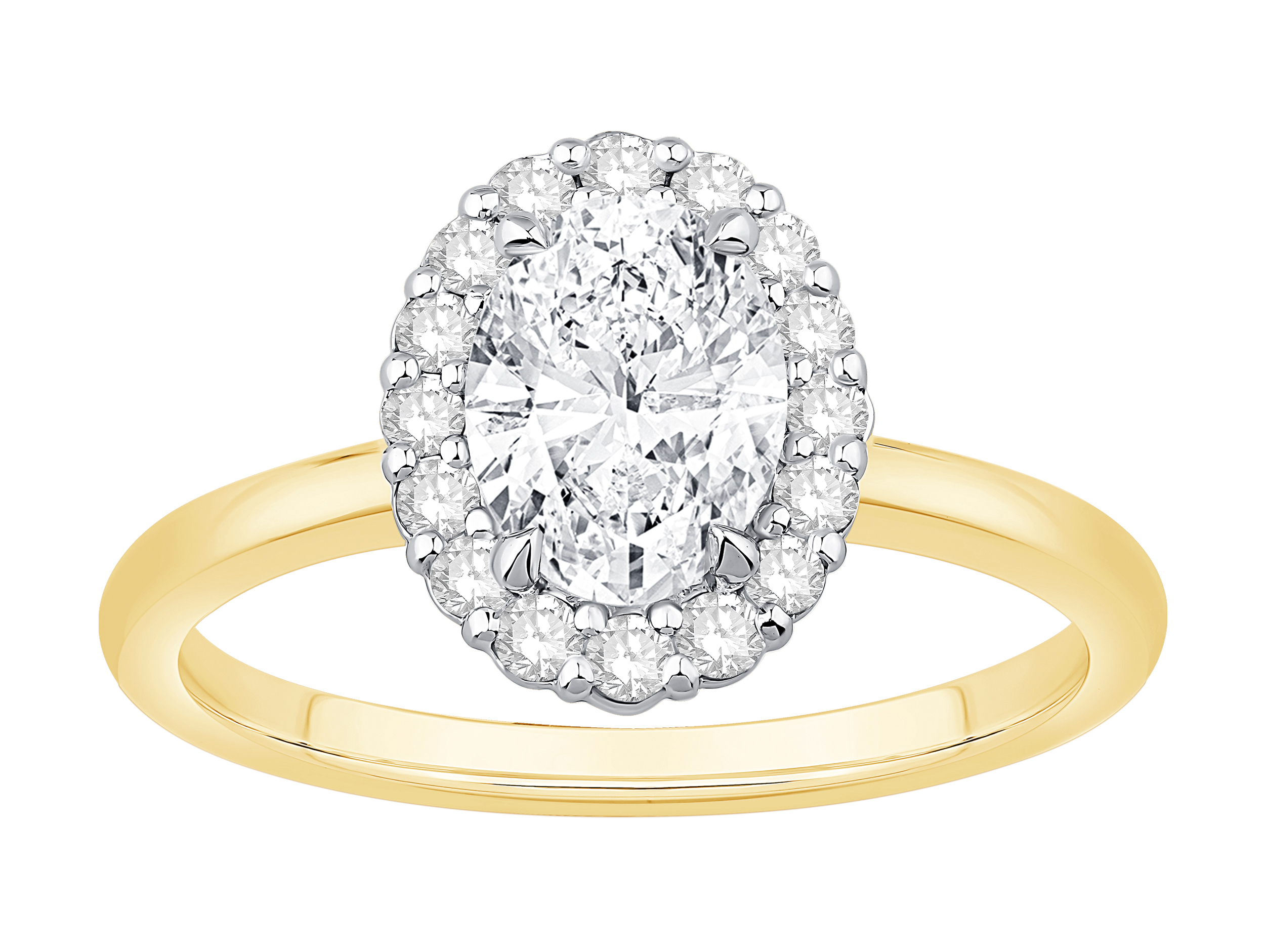 Bague De Fiançailles Halo En Diamant Laboratoire Taille Ovale 1,46 Carat Poids Total Or Jaune Et Blanc 14 Carats