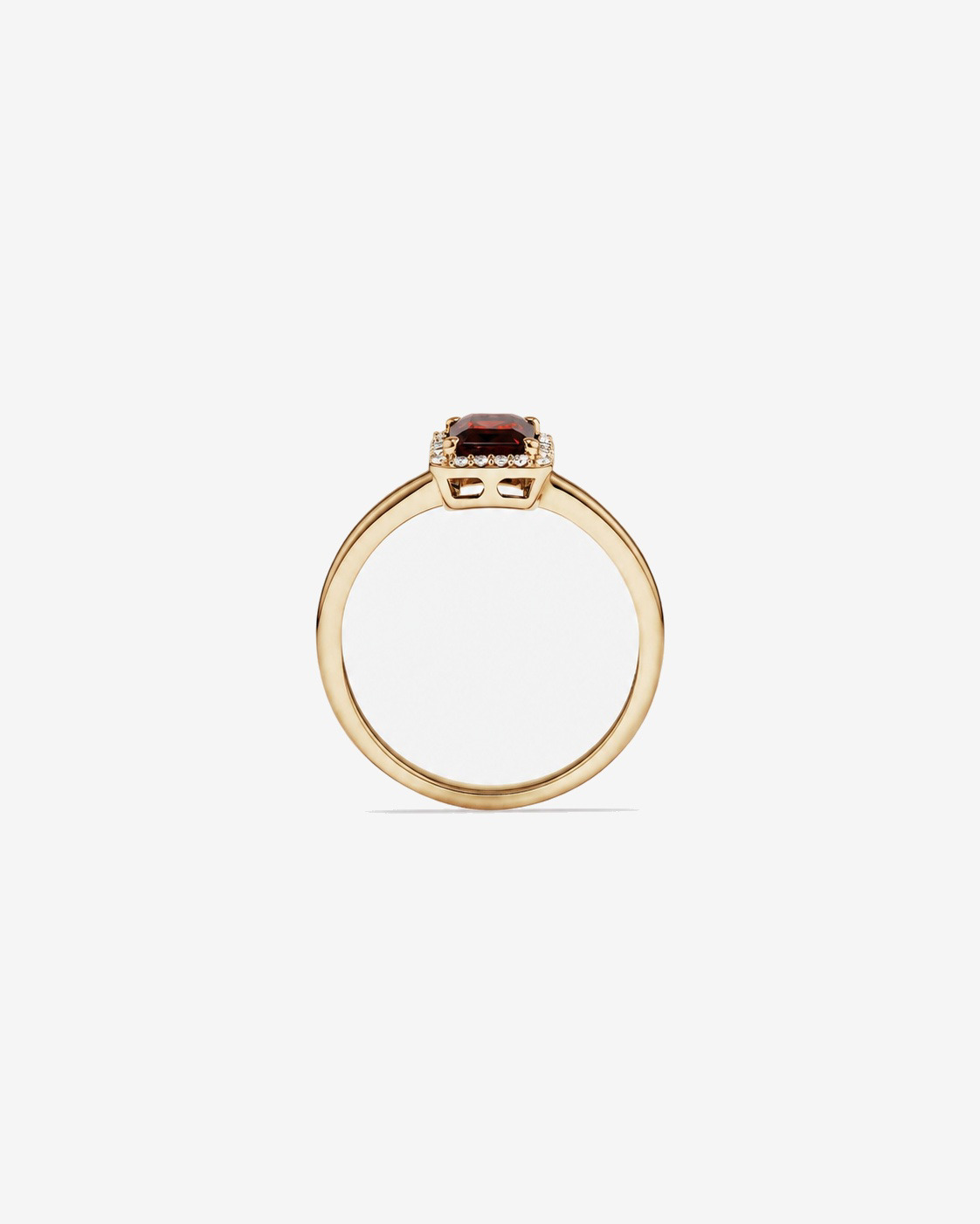 Bague halo Grenat taille émeraude avec diamants en or jaune 10 ct