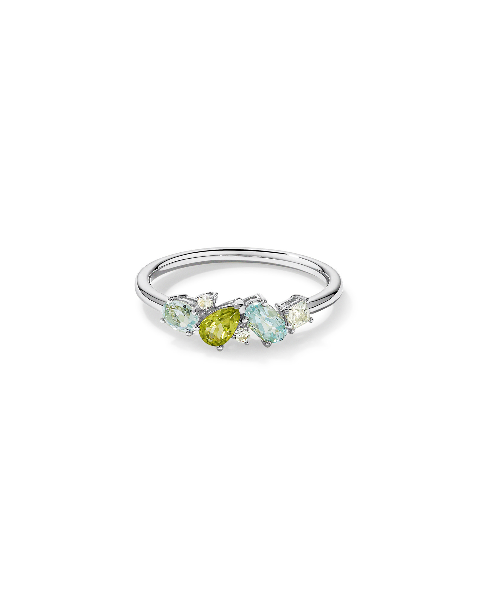 Péridot, topaze bleu ciel, améthyste verte et blanche en or blanc 10 carats