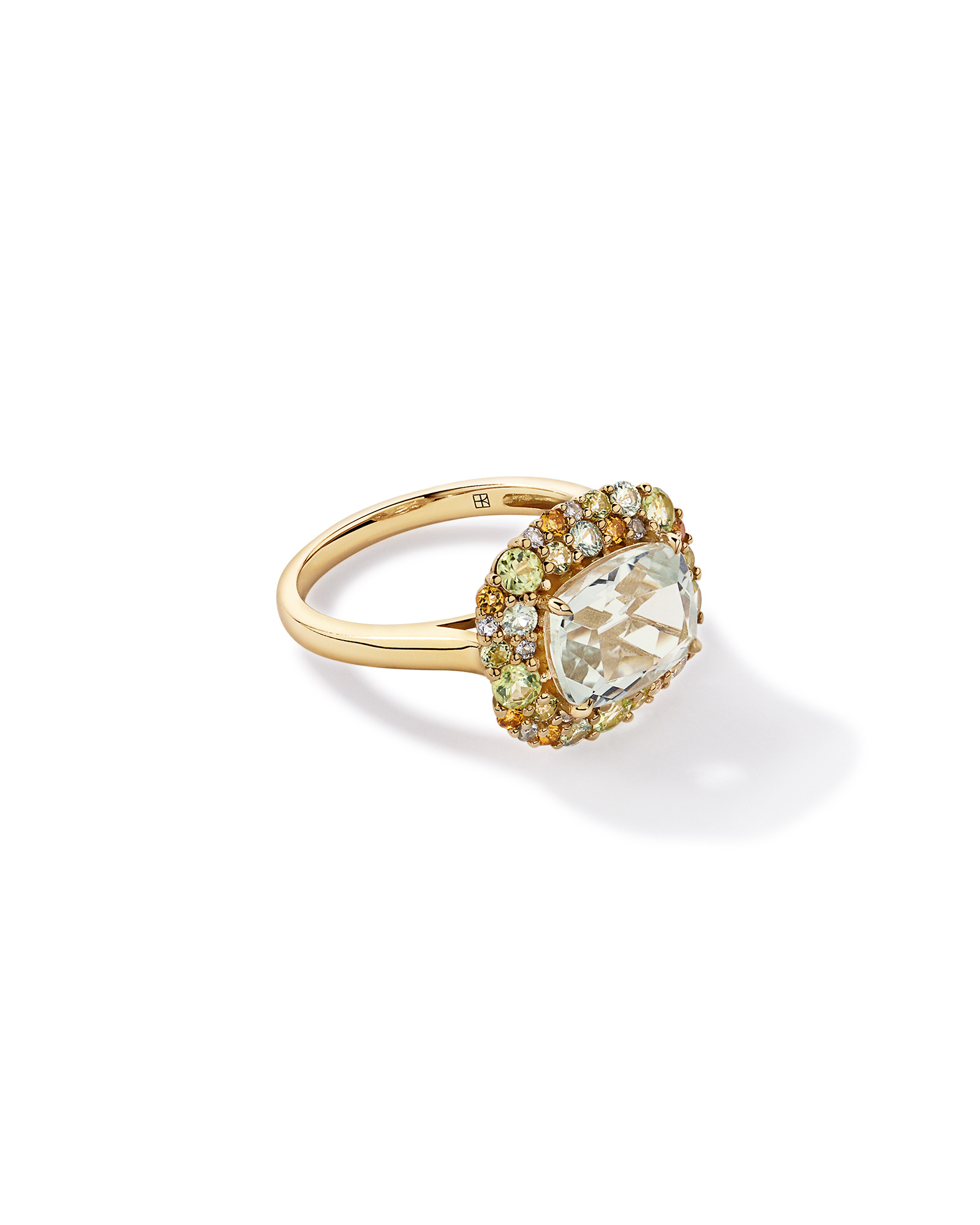 Green Amethyst, Peridot, Citrine & White Topaz Halo Ring 10kt Yellow Gold