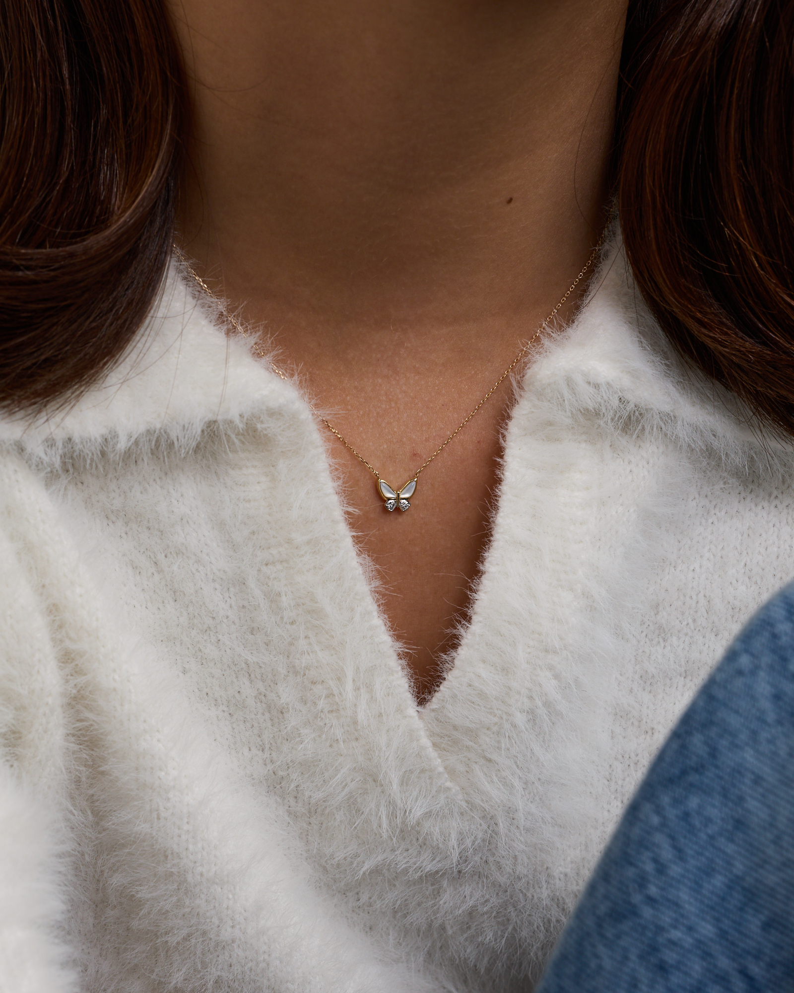 Children's Mother of Pearl Butterfly Pendant with Chain in 10kt Yellow Gold