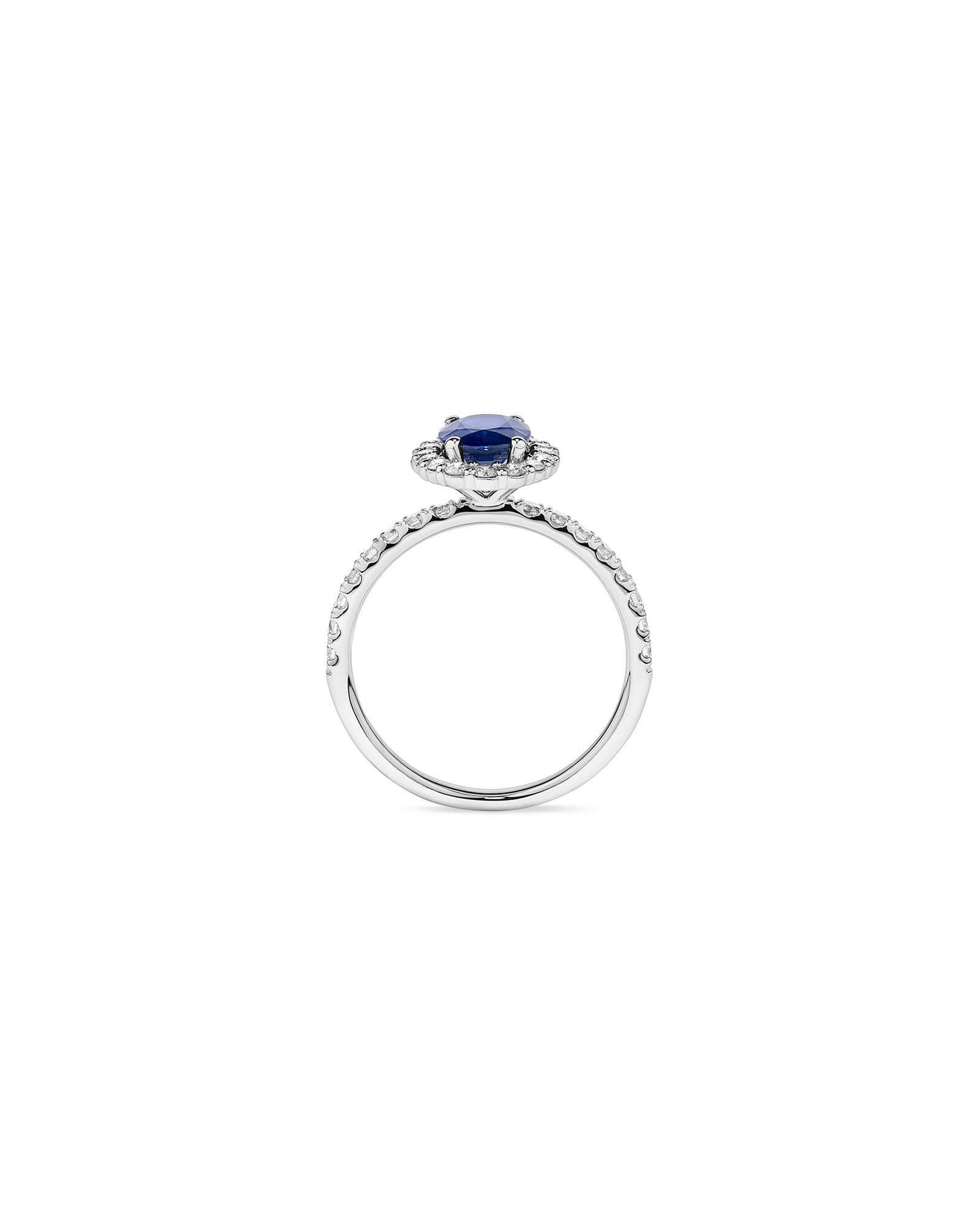 Oval Cut Blue Sapphire Gemstone and 0.60 Carat TW Diamond Halo Ring in 14kt White Gold