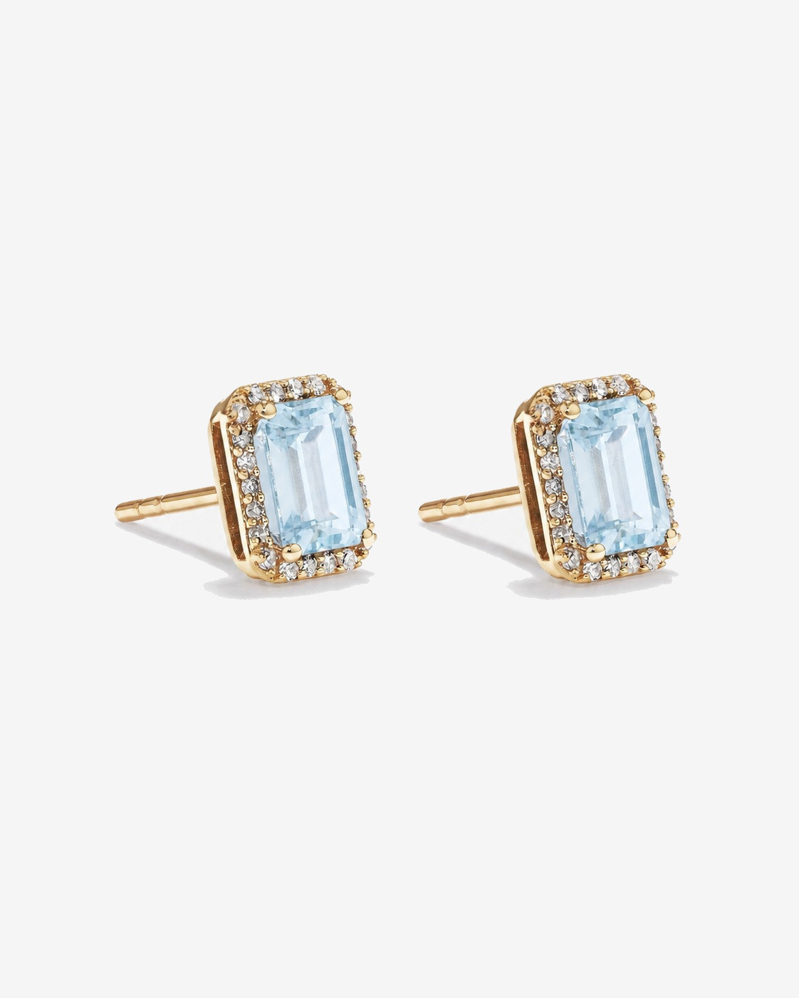 Boucles d'oreilles halo Aigue-marine taille émeraude avec diamants en or jaune 10 ct