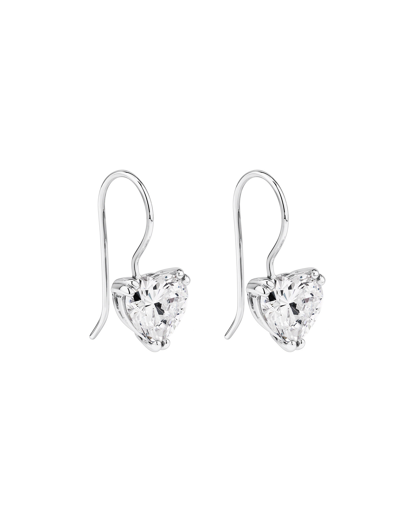 Love Heart Shaped Cubic Zirconia Drop Shepherds Hook Earrings in Sterling Silver