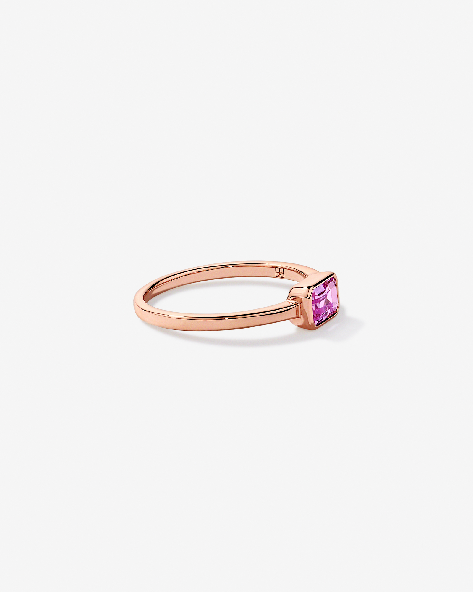 Emerald Cut Pink Created Sapphire East-to-West Set Bezel Ring 10kt Rose Gold