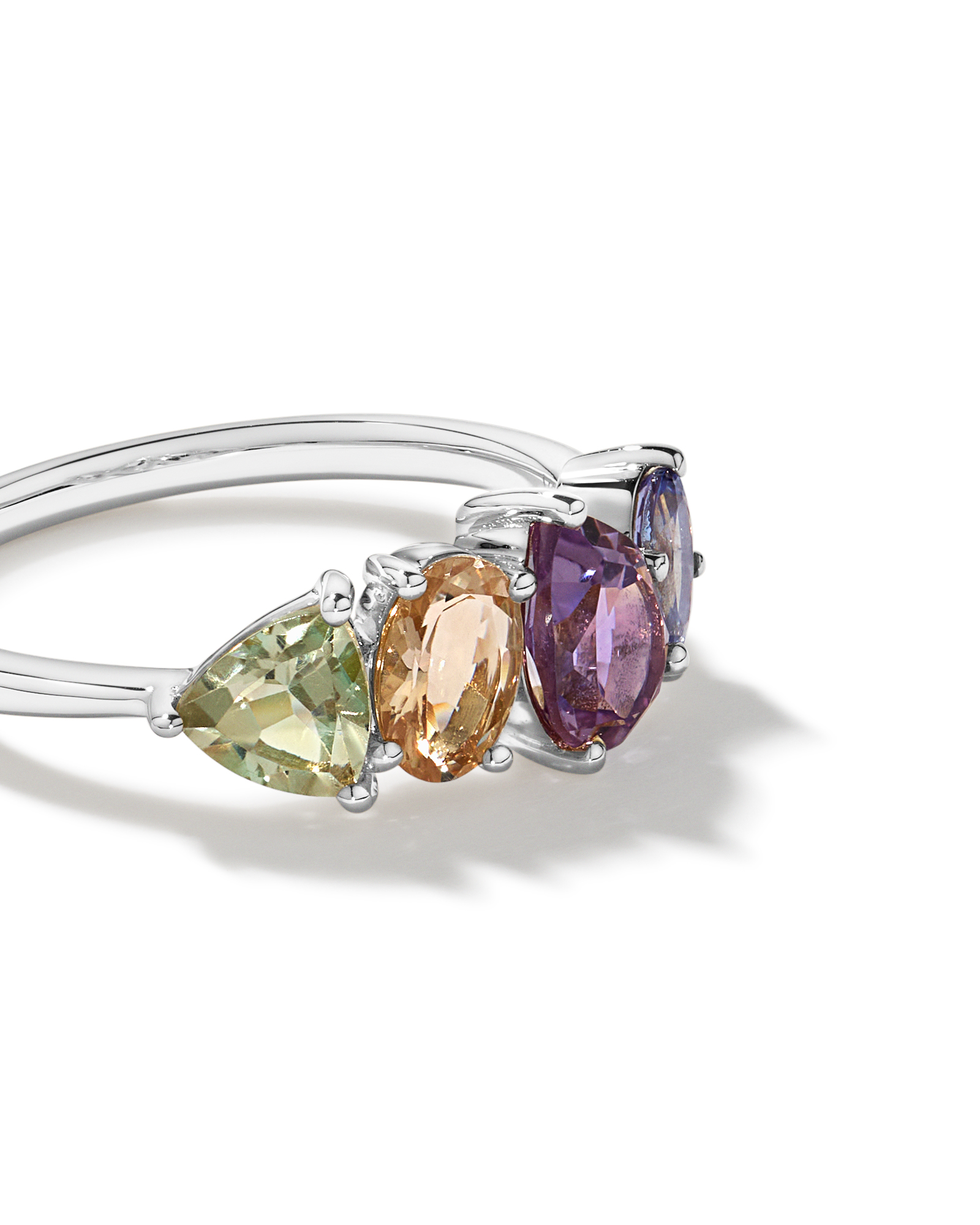 Anneau multi-gemmes en améthyste verte, morganite, rose et tanzanite or blanc 10 carats