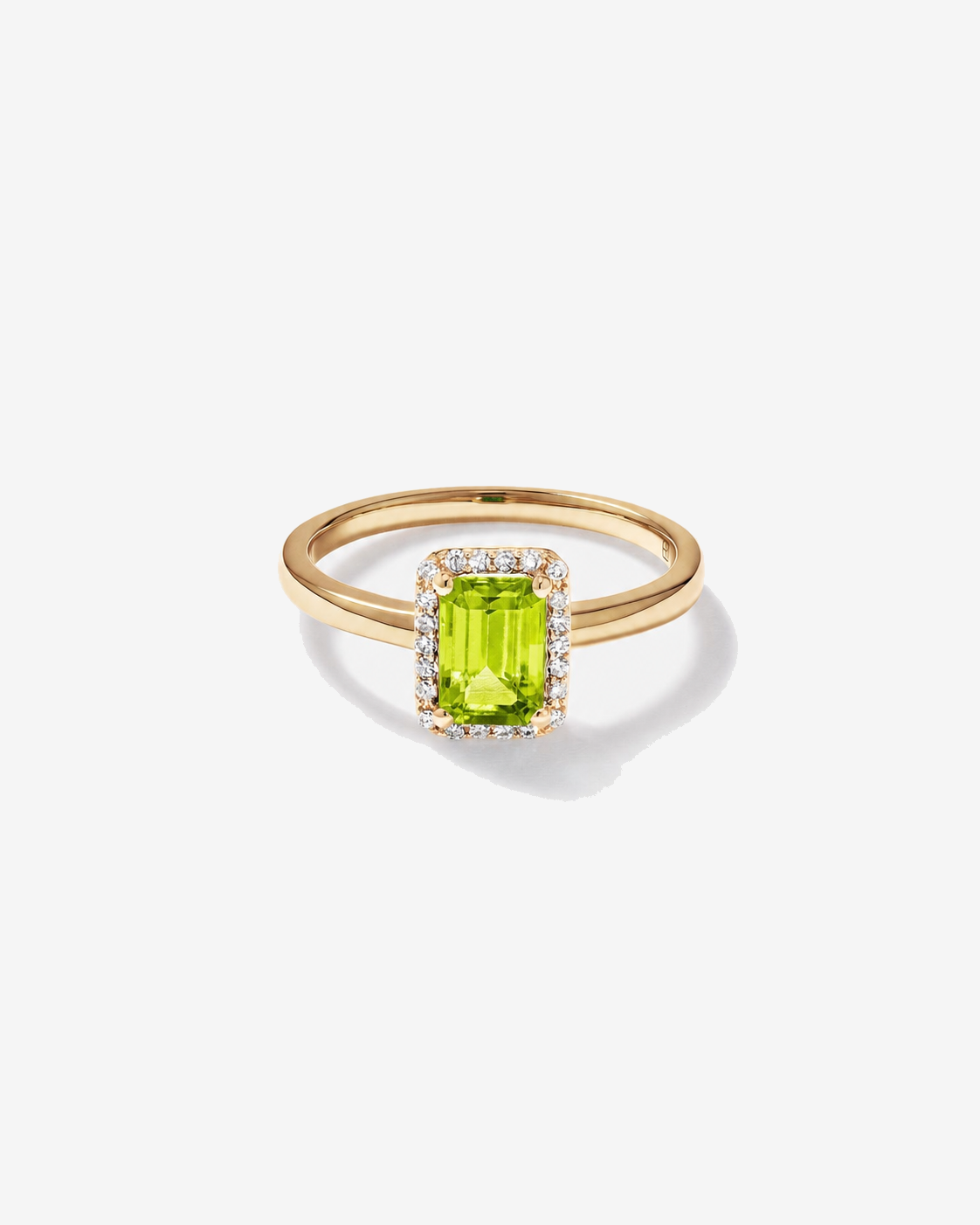 Emerald Cut Peridot and Diamond Halo Ring 10kt Yellow Gold