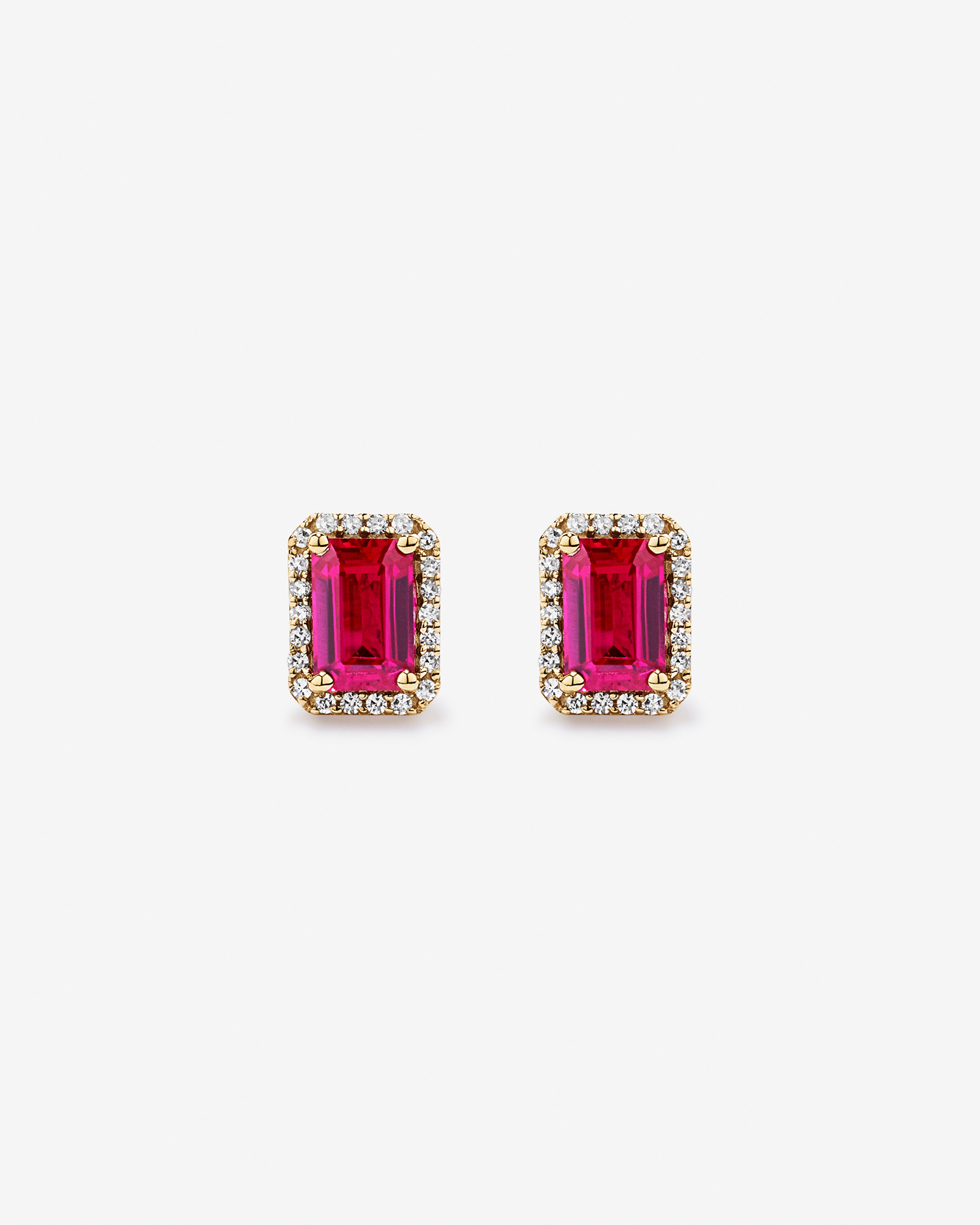 Emerald Cut Created Ruby and Diamond Halo Earrings in 10kt Yellow Gold