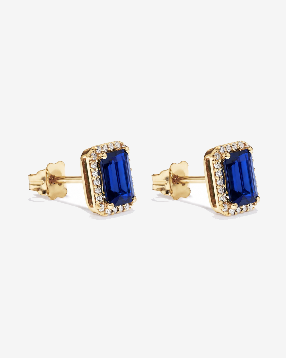 Emerald Cut Created Sapphire and Diamond Halo Earrings in 10kt Yellow Gold
