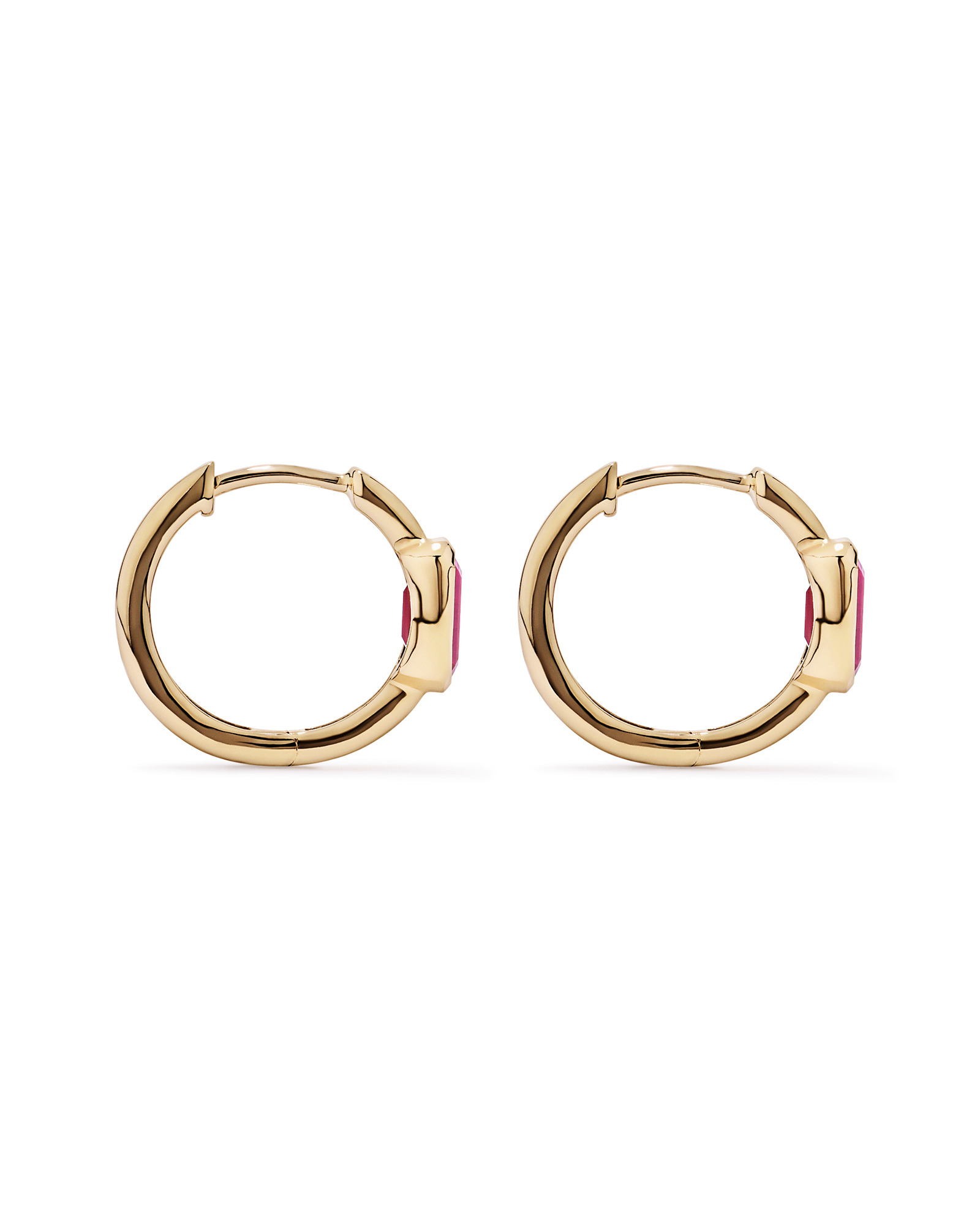 Created Ruby Bezel Huggie Earrings in 10kt Yellow Gold