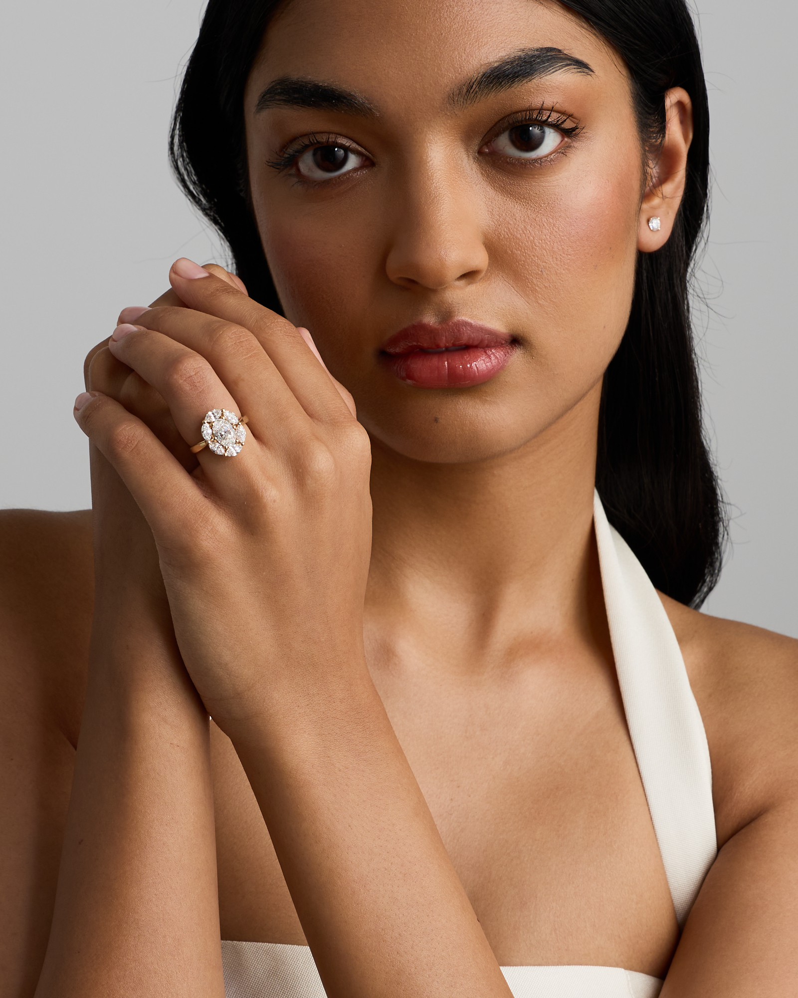 2.68 Carat TW Oval and Marquise Laboratory-Grown Diamond Halo Ring in 14kt Yellow Gold