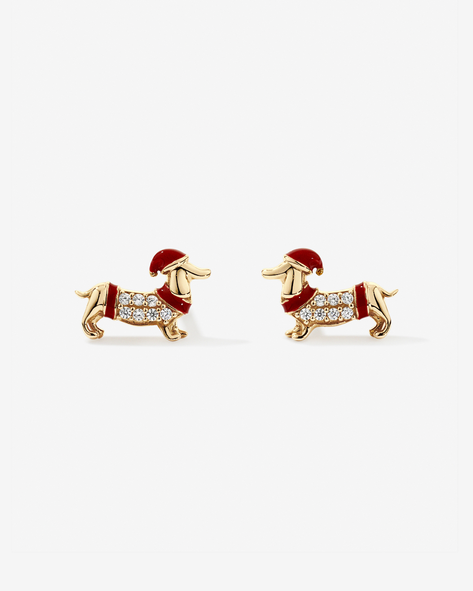 Dachshund Stud Earrings with Cubic Zirconia in 10kt Yellow Gold