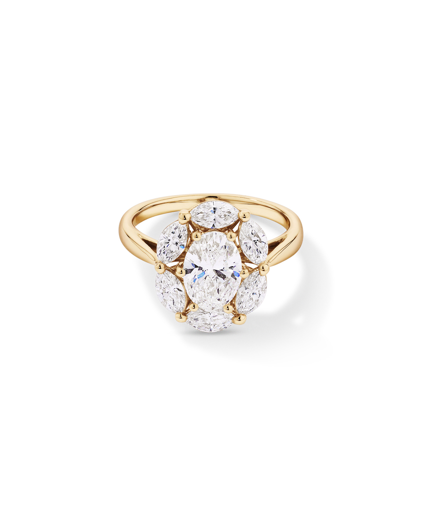 Bague ovale TW de 2,68 carats et halo en diamant cultivée par Marquise Laboratory, or blanc 14kt