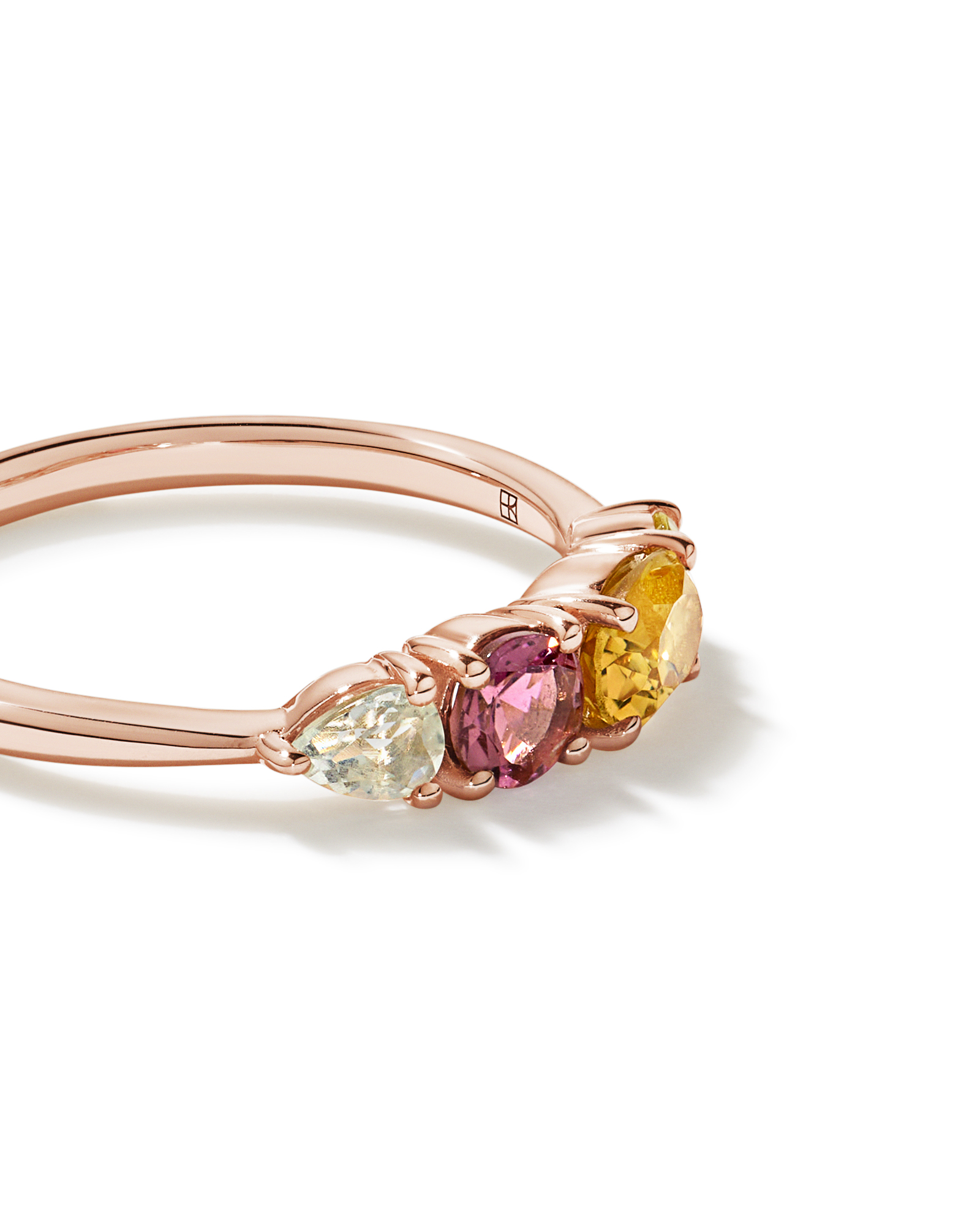 Anneau multi-gemmes en améthyste verte, tourmaline rose, citrine orange et quartz citron or rose 10 carats