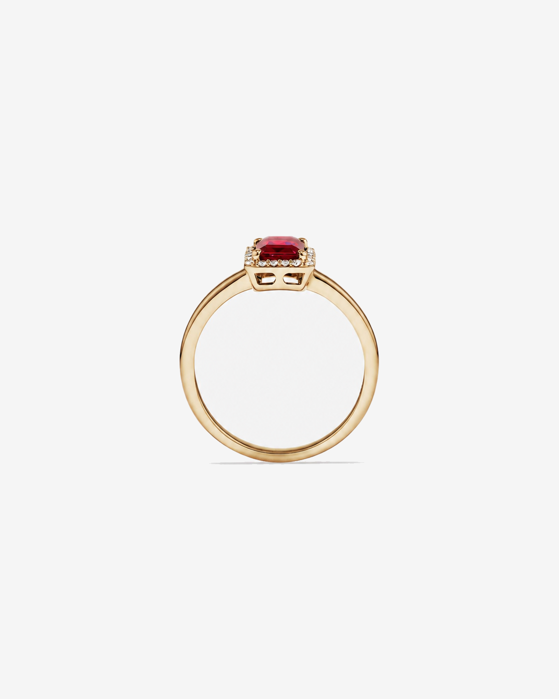 Emerald Cut Created Ruby and Diamond Halo Ring in 10kt Yellow Gold