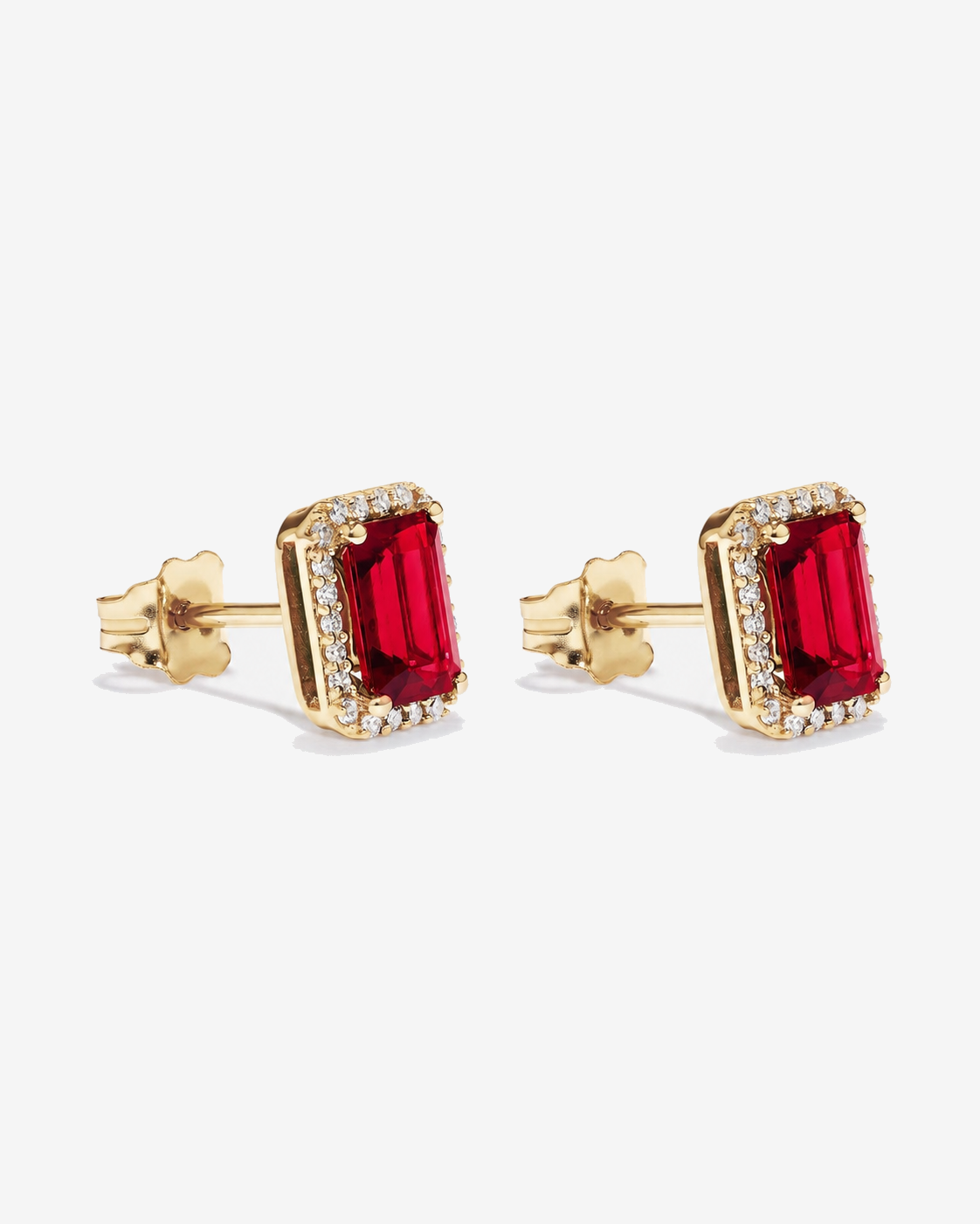 Emerald Cut Created Ruby and Diamond Halo Earrings in 10kt Yellow Gold