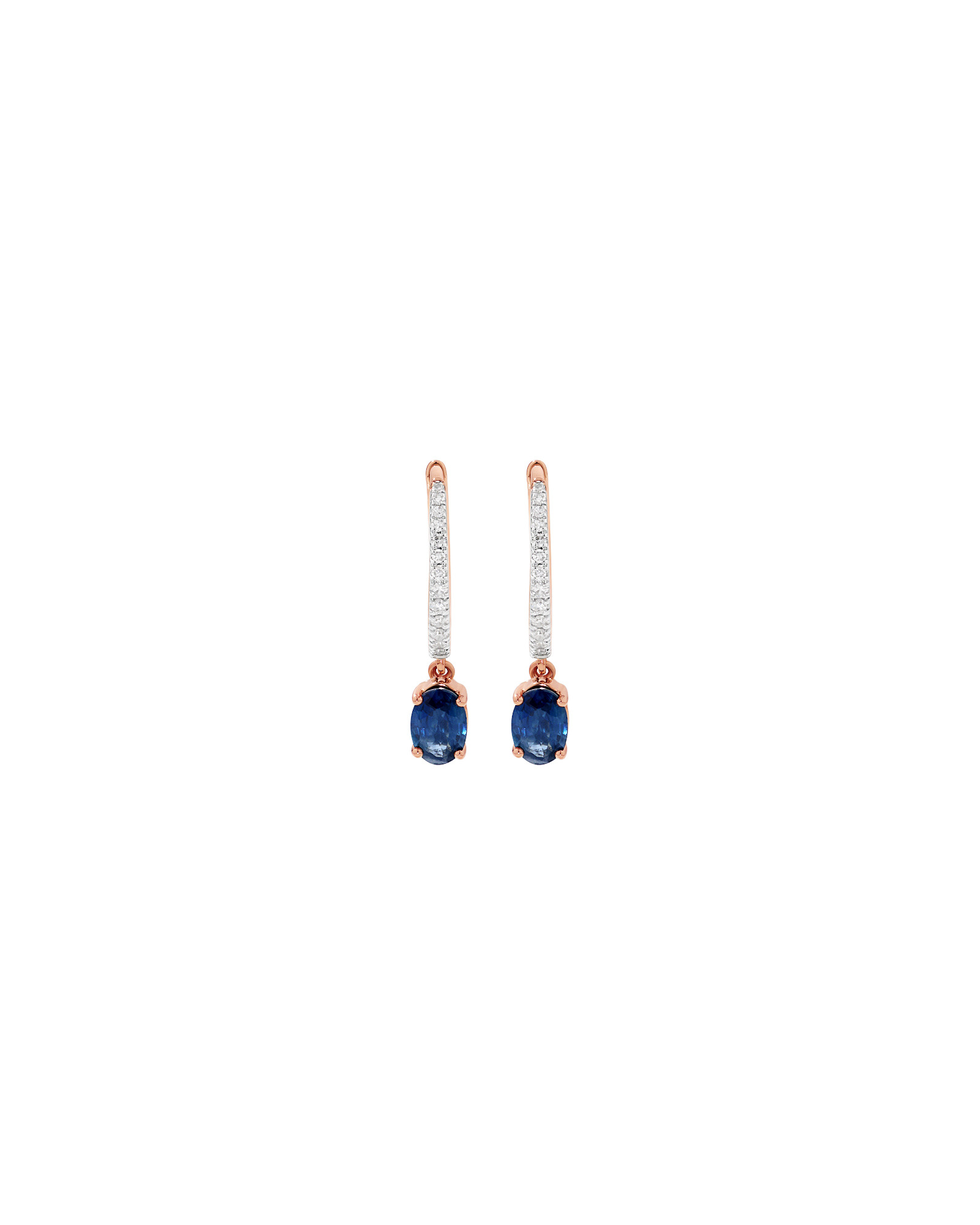 Australian Sapphire Oval Cut & 0.15 Carat TW Diamond Hoop Drop Earrings in 10kt Rose Gold witn Rhodium