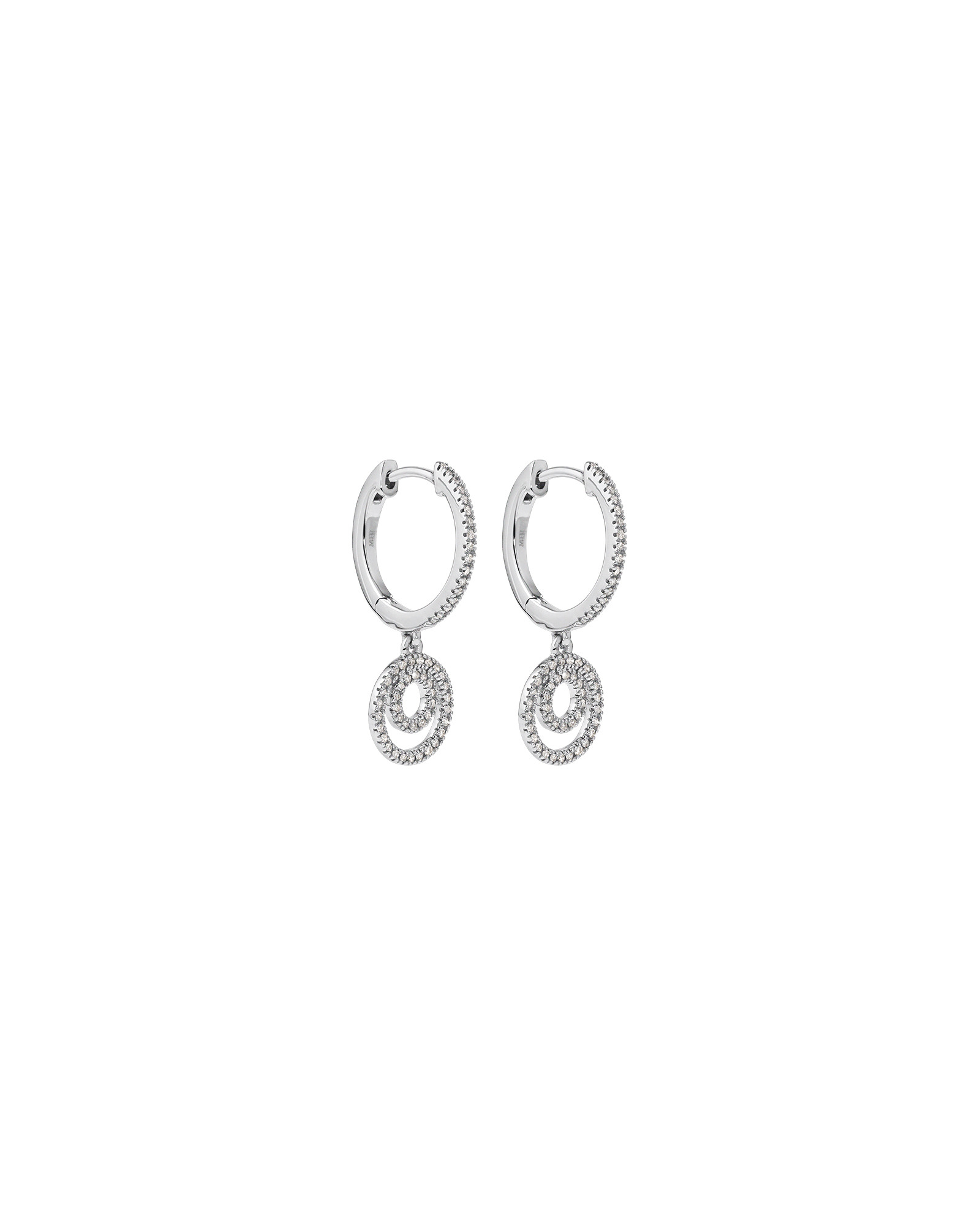 Fine Double Circle Diamond Drop Huggie Earrings in Sterling Silver