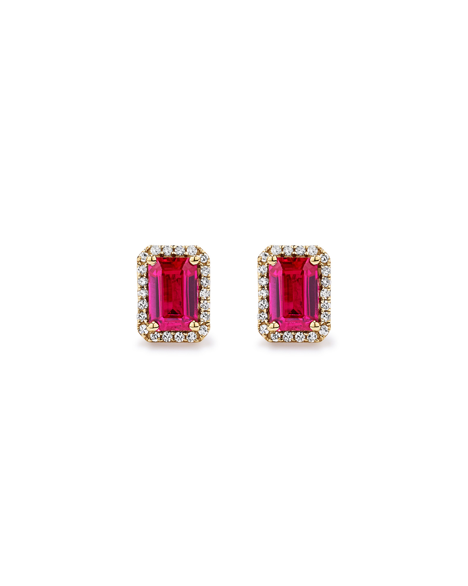 Emerald Cut Created Ruby and Diamond Halo Earrings in 10kt Yellow Gold