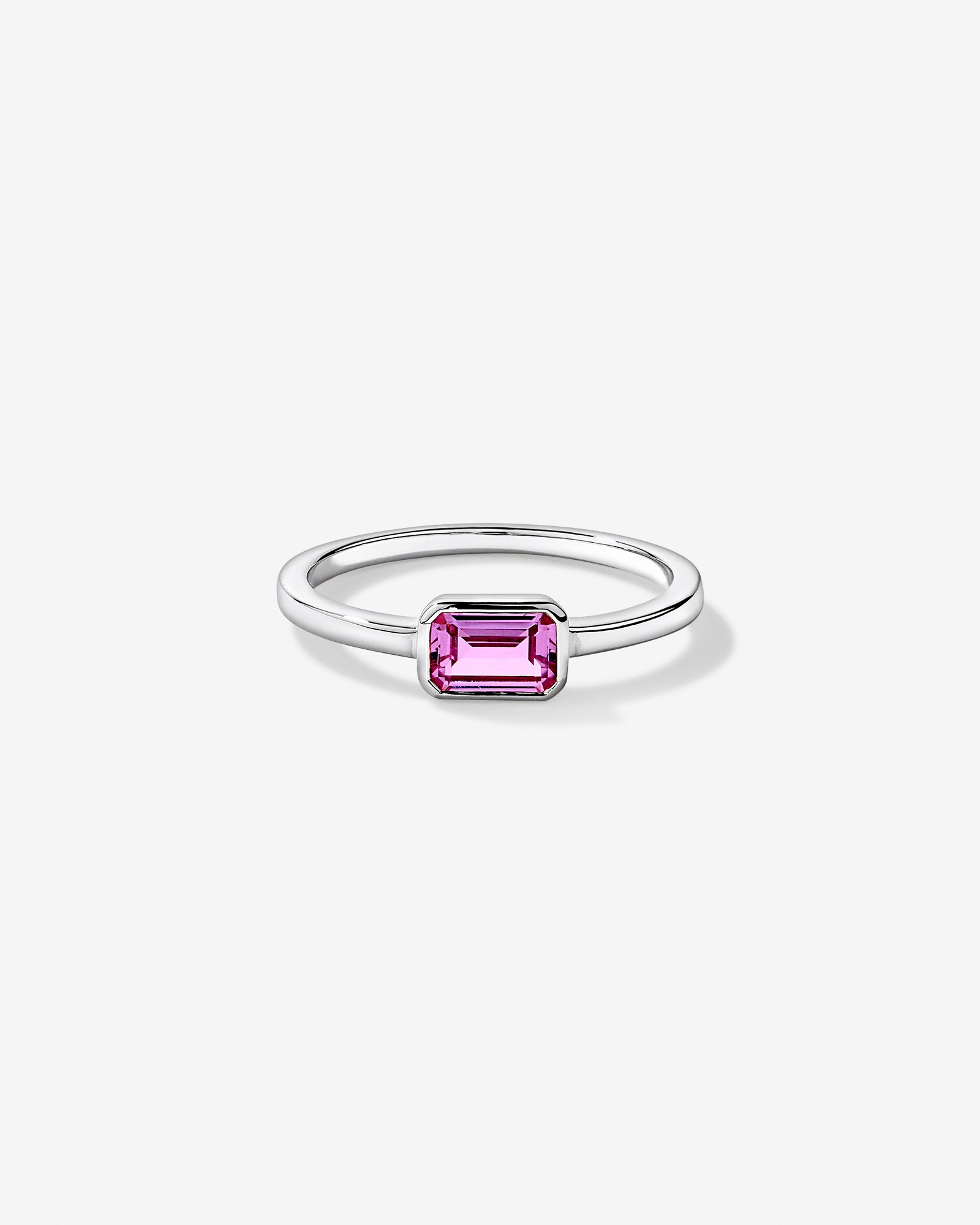 Emerald Cut Pink Created Sapphire East-to-West Set Bezel Ring 10kt Gold
