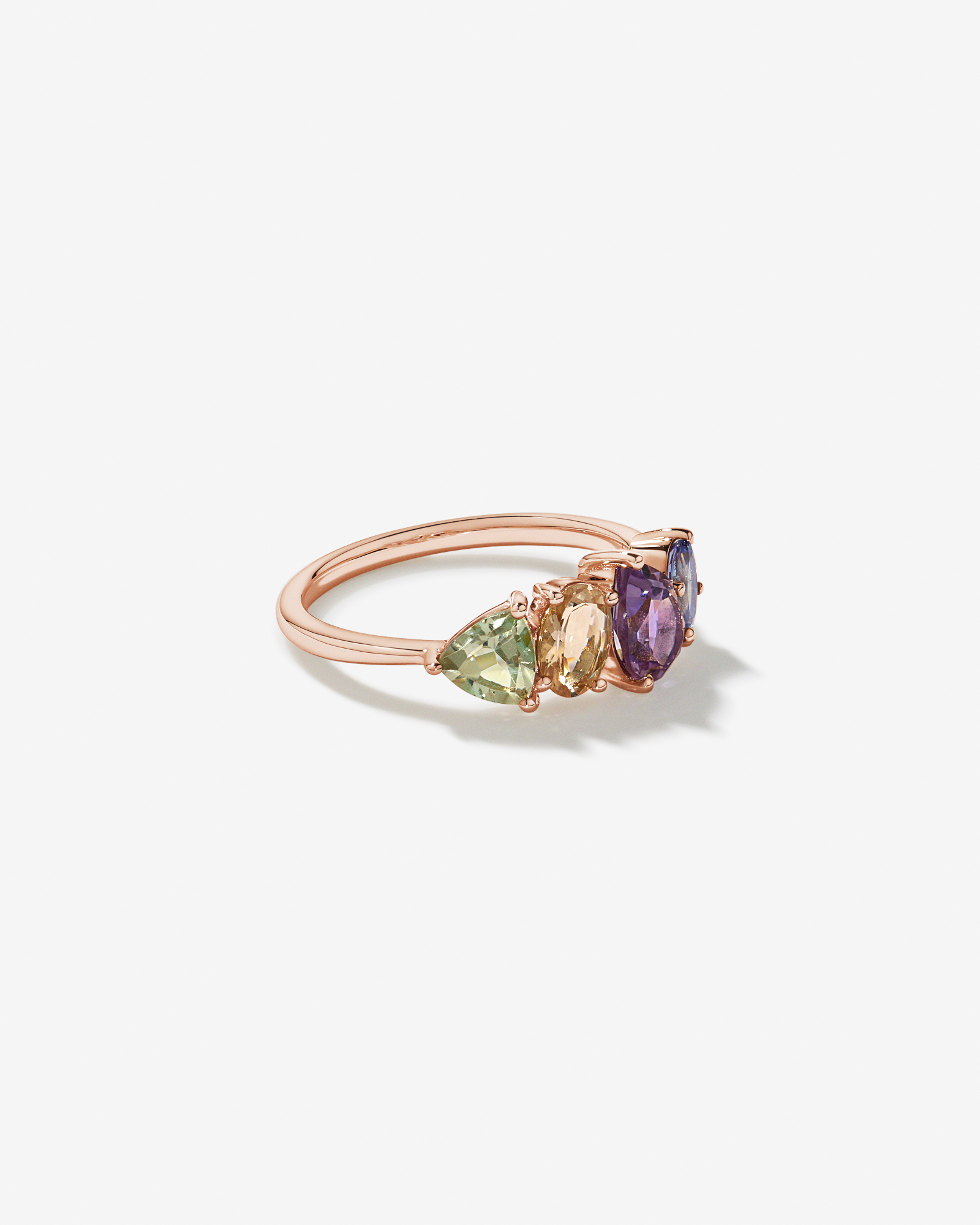 Bague multi-gemmes en améthyste verte, morganite, rose et tanzanite or 10 carats